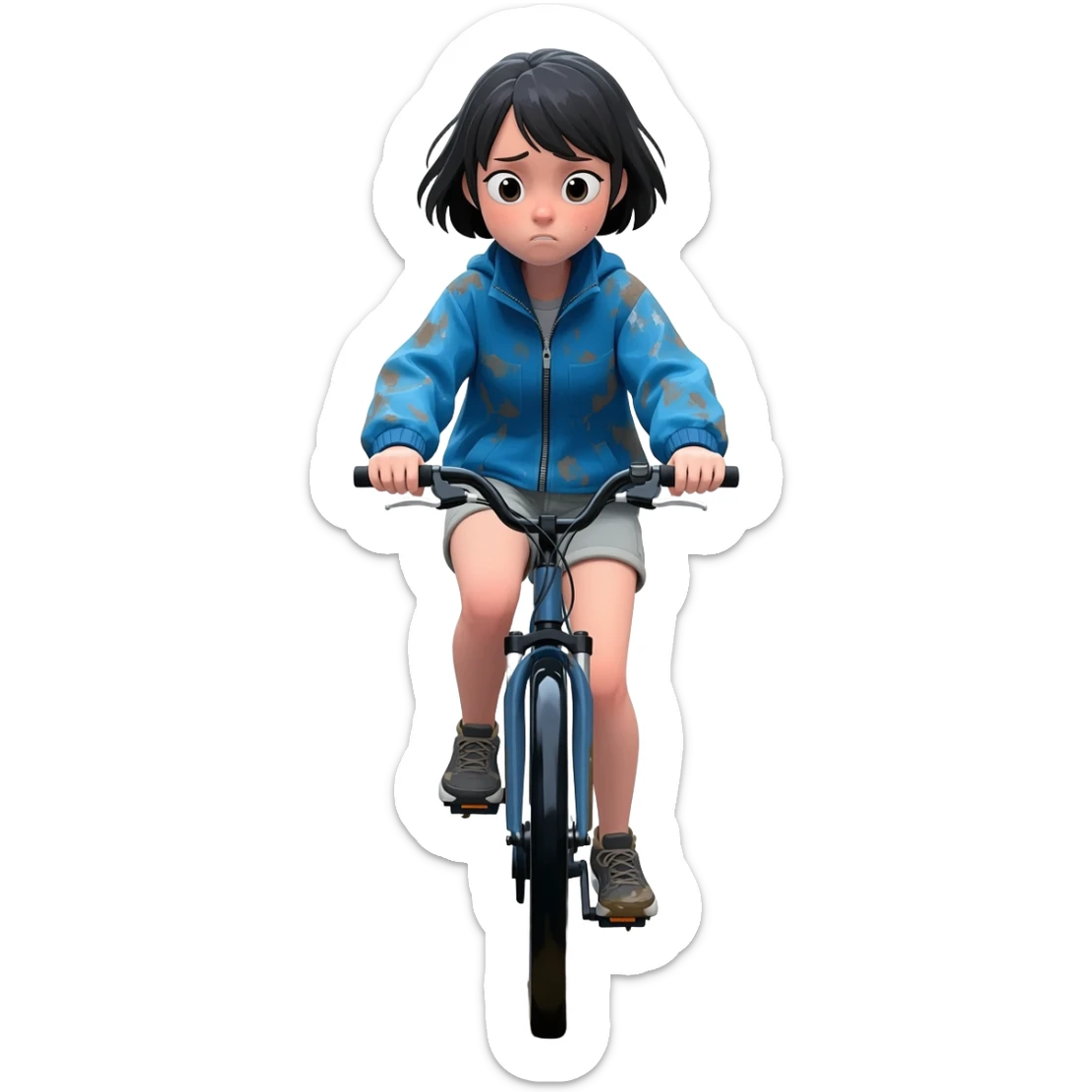 Short haired  girl cycling toward viewer not happy getting splashed by rain and muck sticker