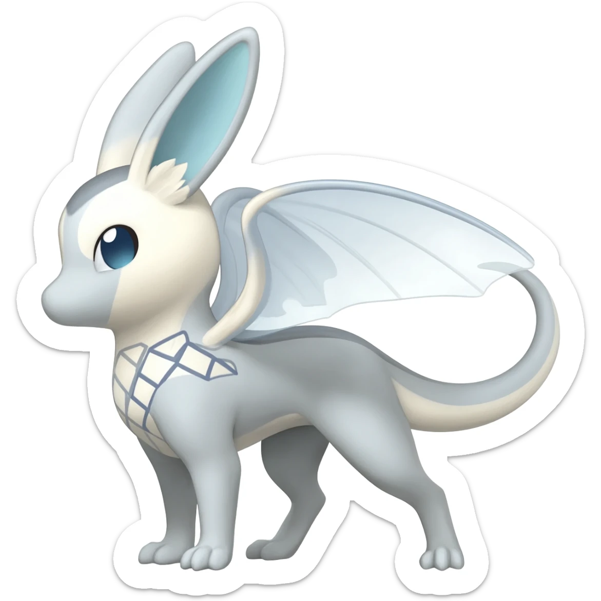 Cute realistic albino Minccino-Lykoi-Emolga-Pachirisu-Zangoose-fusion-hybrid-animal-Fakémon-creature, full body, thin long sleek scaly tail, intricate markings sticker