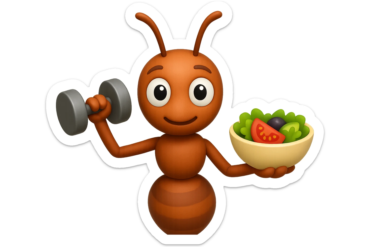 EMOJI STILE IPHONE 3D DI UNA formica CHE ha un manubrio da palestra nella mano destra e un insalata nella mano sinistra, FAGLI GLI OCCHI CON LA PARTE BIANCA, NON SOLO LA PUPILLA sticker