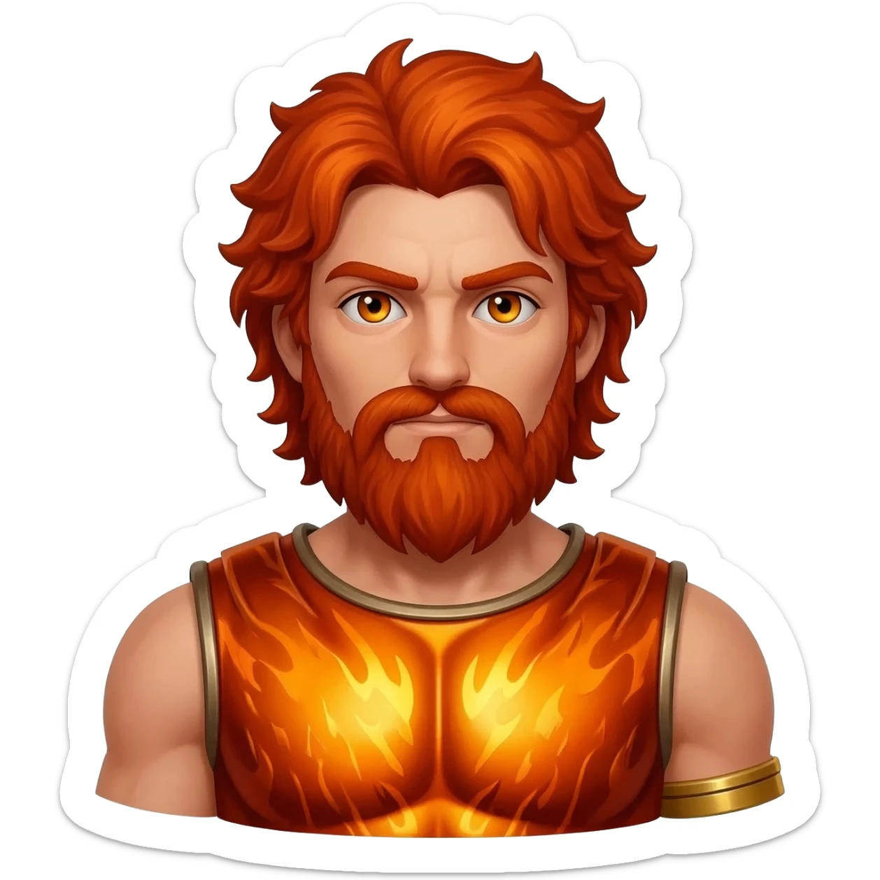 Vulcan from Roman Mythology with amber eyes, red hair, burnt orange metallic tunic sticker