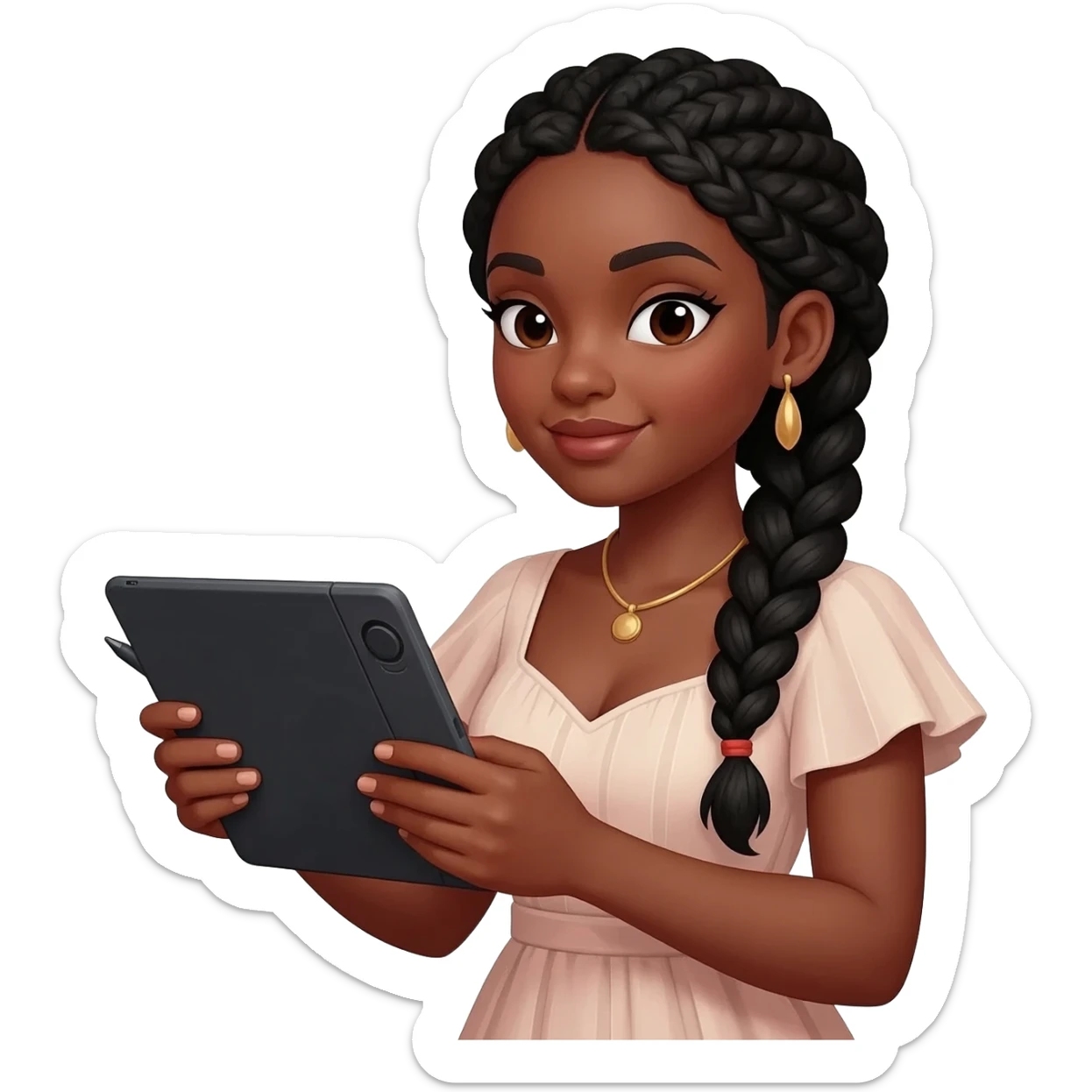 Emoji représentant une femme à la peau marron avec de longues braids noires et portant une belle tenue, regardant la tablette graphique dans ses mains sticker
