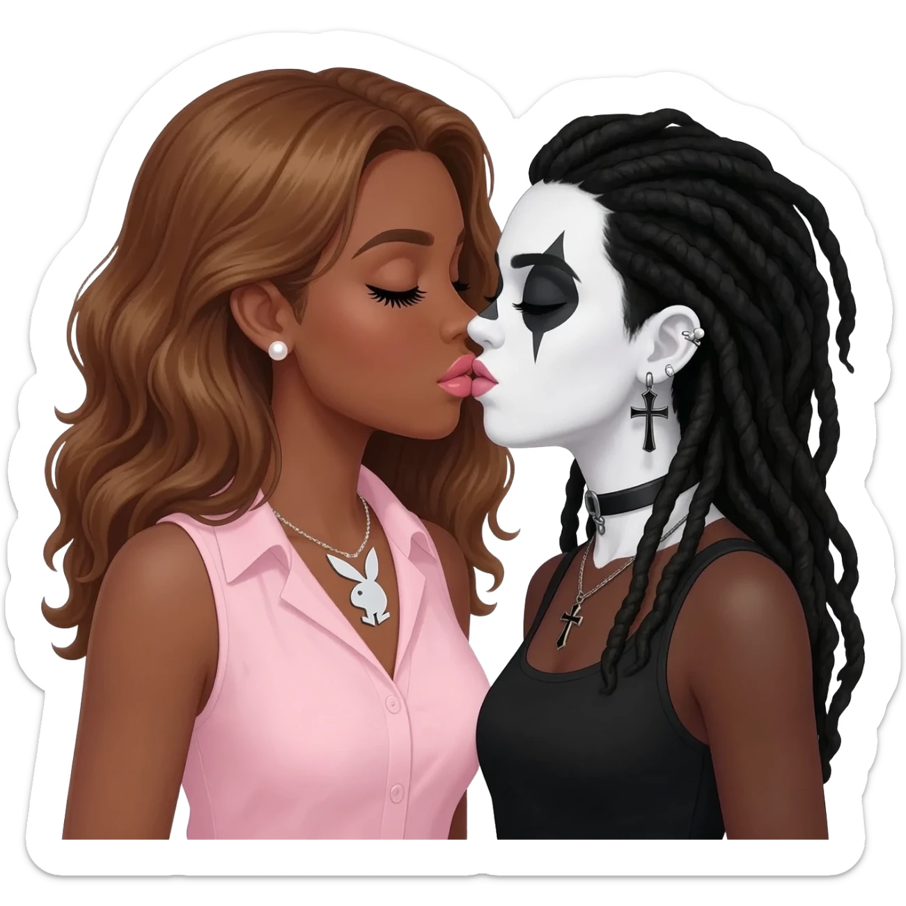 (Bimbo, pearl earrings stud, Light pink cute lips, long middle part with long honey brown hair, dark brown skin, playboy necklace with lashes, light pink sleeveless shirt, kissing the goth black girl with brown skin, cross earrings, ankh necklace with black dreadlocks with white paint on face sticker