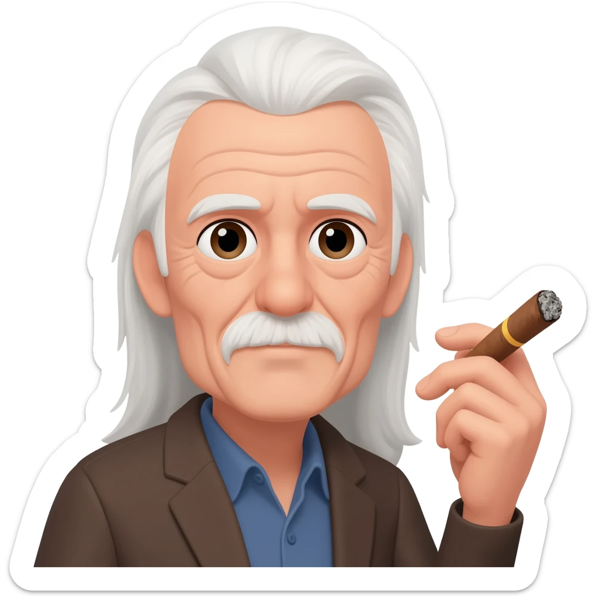 Old man with long white hair no facial hair and no hat holding a cigar sticker