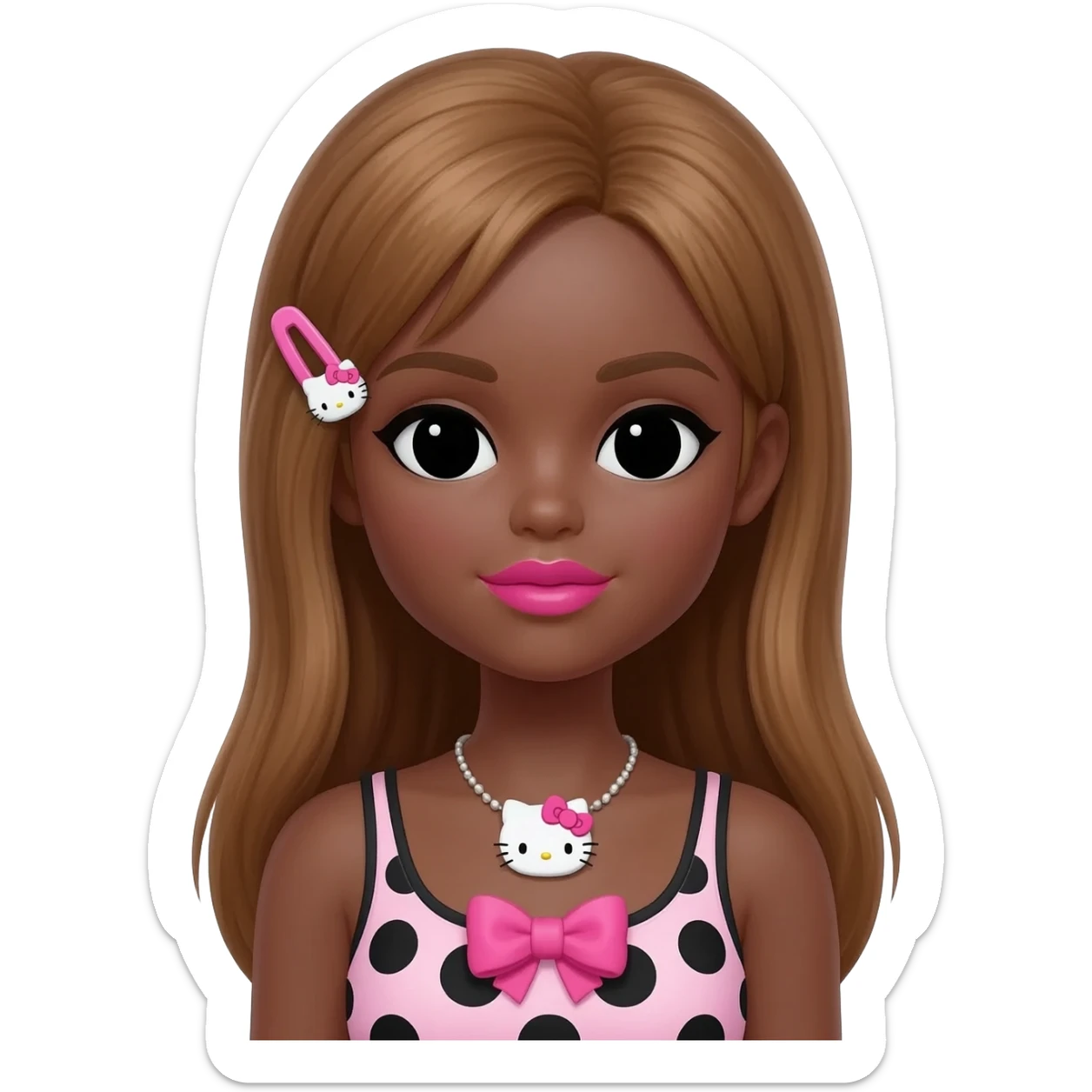 my melody hairclip, Doll faced shaped, hello kitty necklace, bimbo, black doll eyes, Big lips barbie, long dark brown skin with honey brown hair, bimbocore outfit light pink and black polkadots tank top with designed pink bow on it sticker