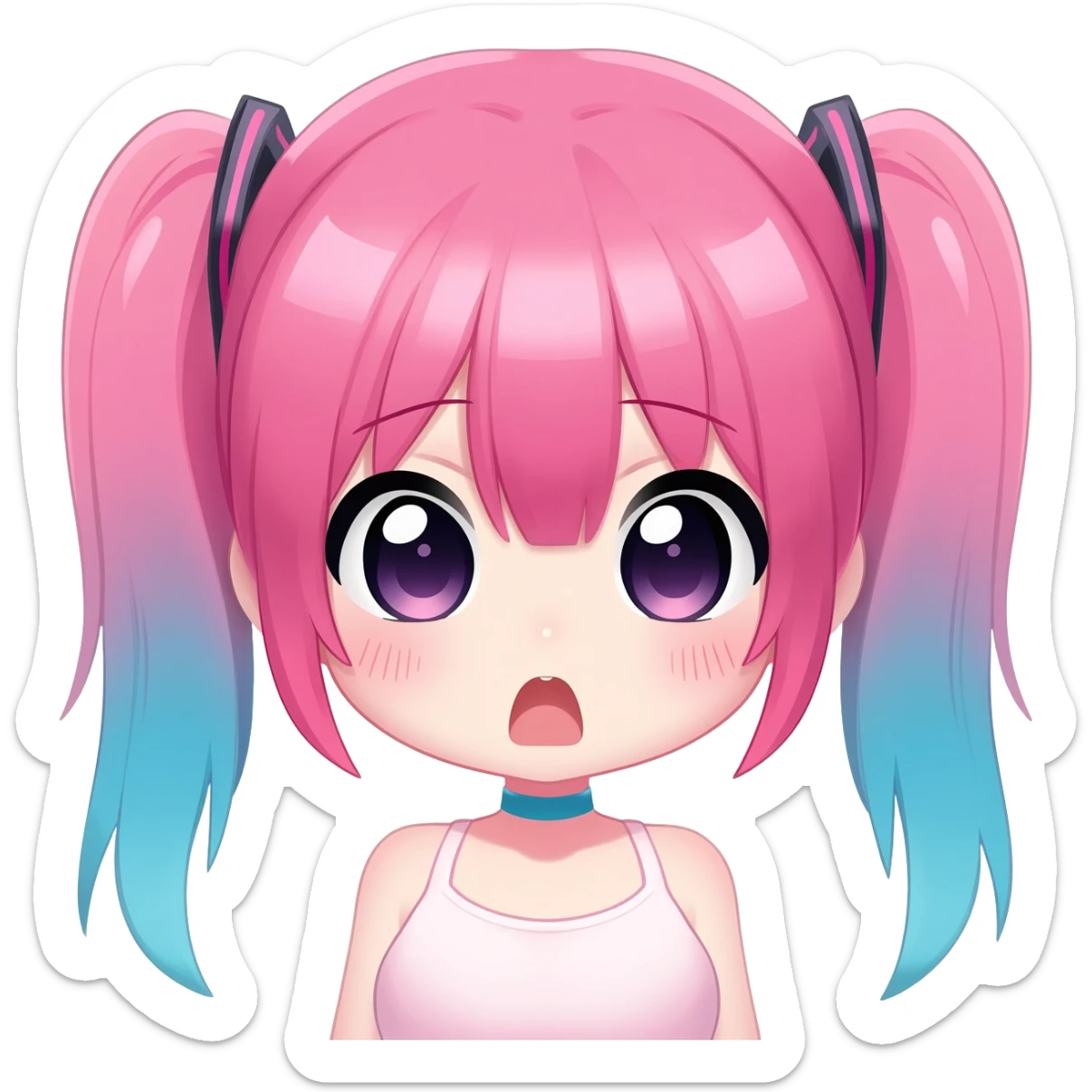 cute anime girl chibi, pink and blue twin tails, lewd expression sticker