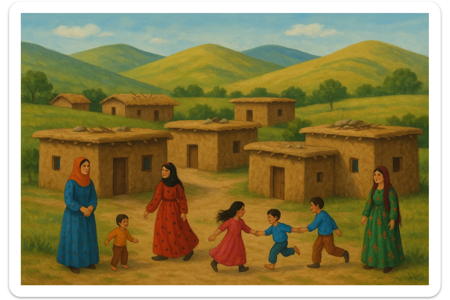 کوردی rural village scene, small Kurdish village with mud-brick houses, women in colorful dresses, children playing, hills in background, peaceful atmosphere sticker