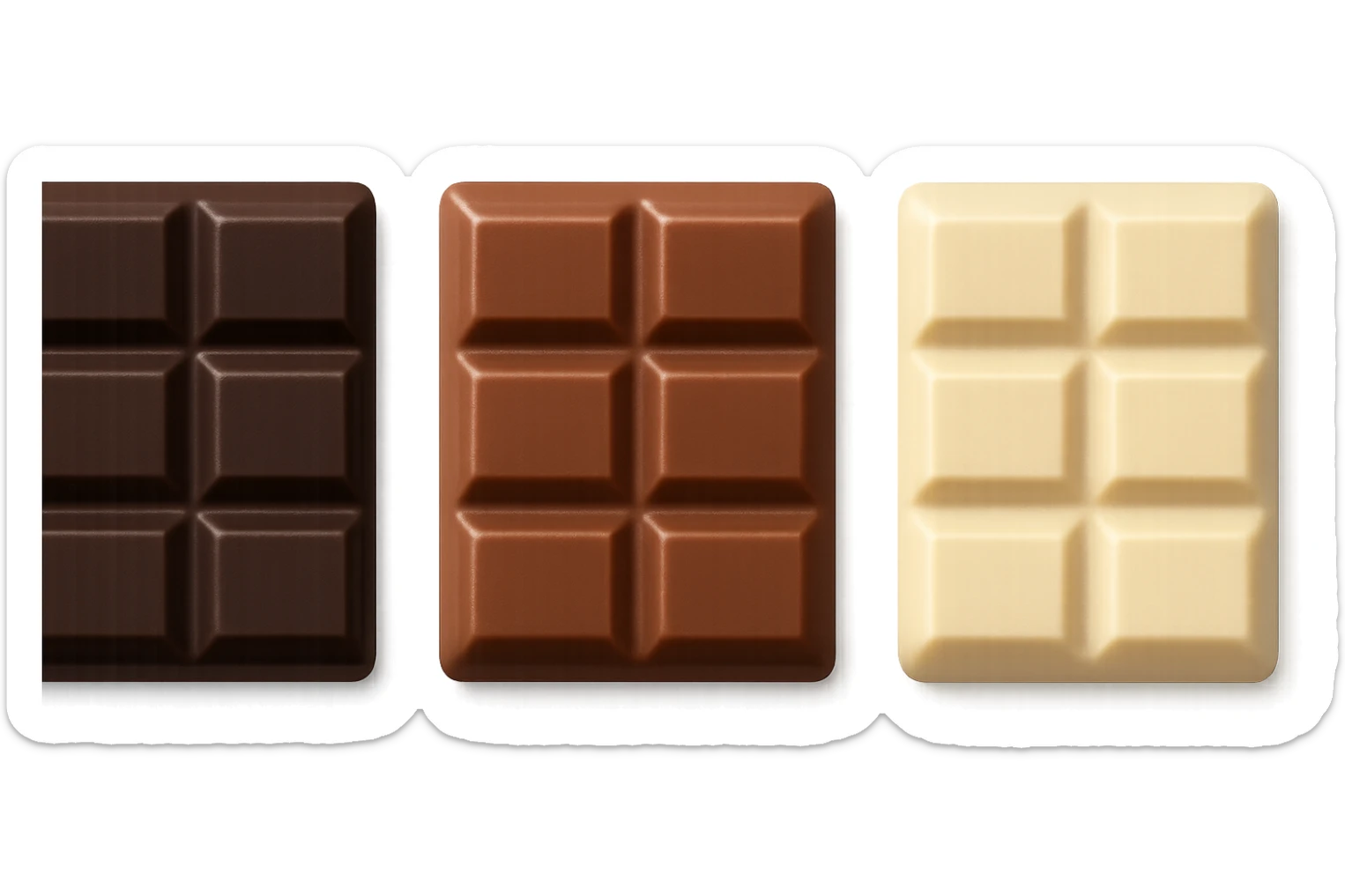 3 emoji stile iphone di BARRETTE DI CIOCCOLATO, UNA FONDENTE, UNA AL LATTE E UNA BIANCA, CON OMBRA REALISTICA, VISTE DALL'ALTO, IPERREALISTICO 4K sticker