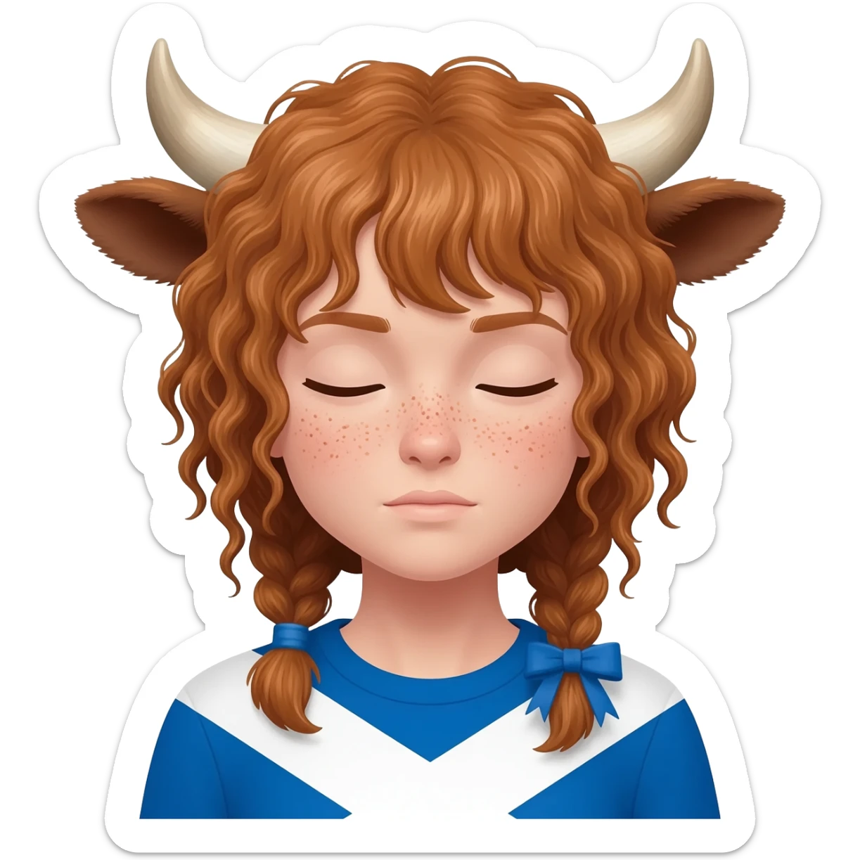 curly girl with freckles with messy light brown bangs covering the eyes with cow horns and cow ears with scottish flag on his shoulders with ribbon in her hair sticker