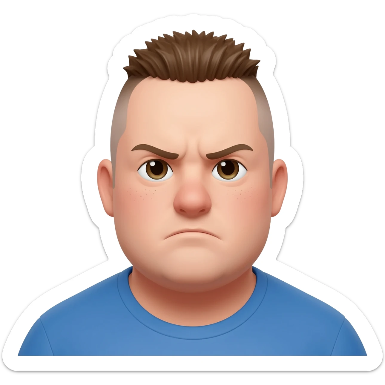 A portly young man with an undercut, looking displeased. sticker