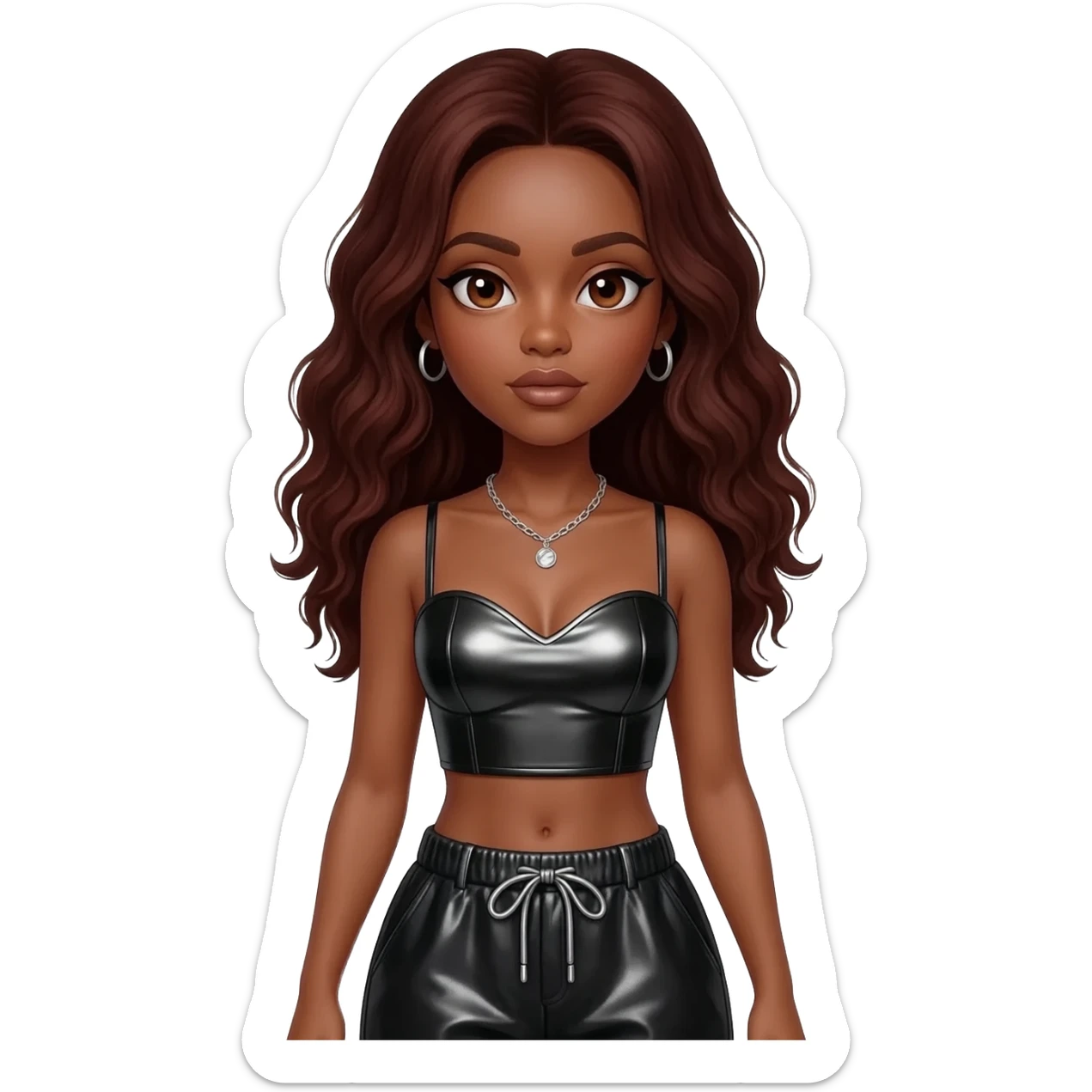 Solange with brown eyes, long dark auburn hair, black metallic sweetheart crop top, black metallic baggy pants, silver necklace sticker
