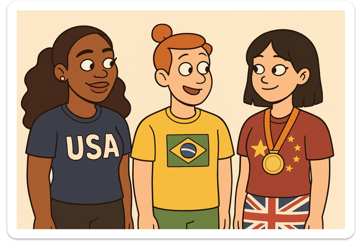 Serena Williams American shirts girl Orange bun hair a Brazil shirts boy brown Chinese shirt Chinese girl black hair United Kingdom shirt Defined Waves hair sports medal  sticker