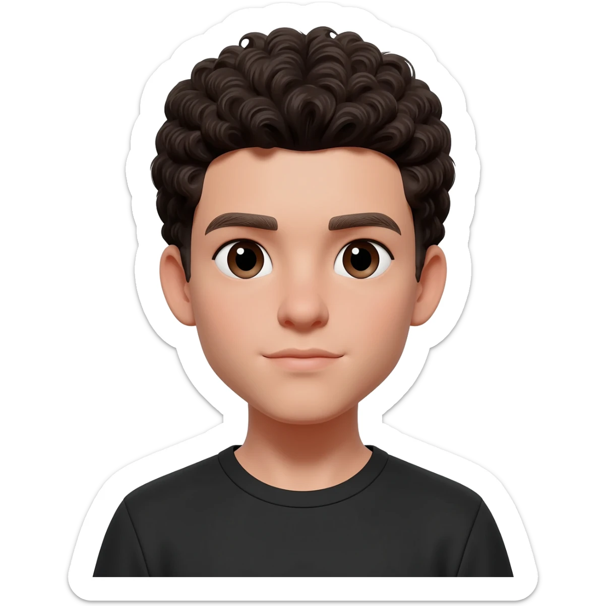 a white boy with short, dark curly hair, and dark brown eyes, wearing a black T-shirt. sticker