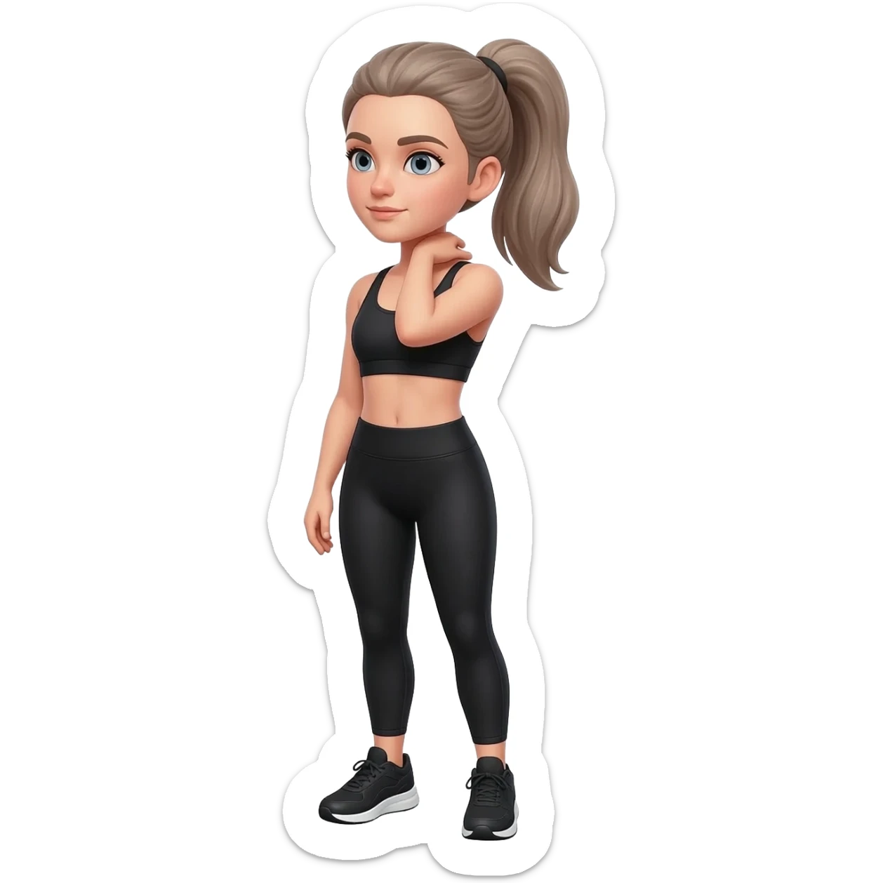 hand on neck, shoulder release pose, fair-skinned woman, gray-blue eyes, ash brown brows, ash light brown hair tied back, slim athletic body, black workout set, black sneakers with white soles sticker