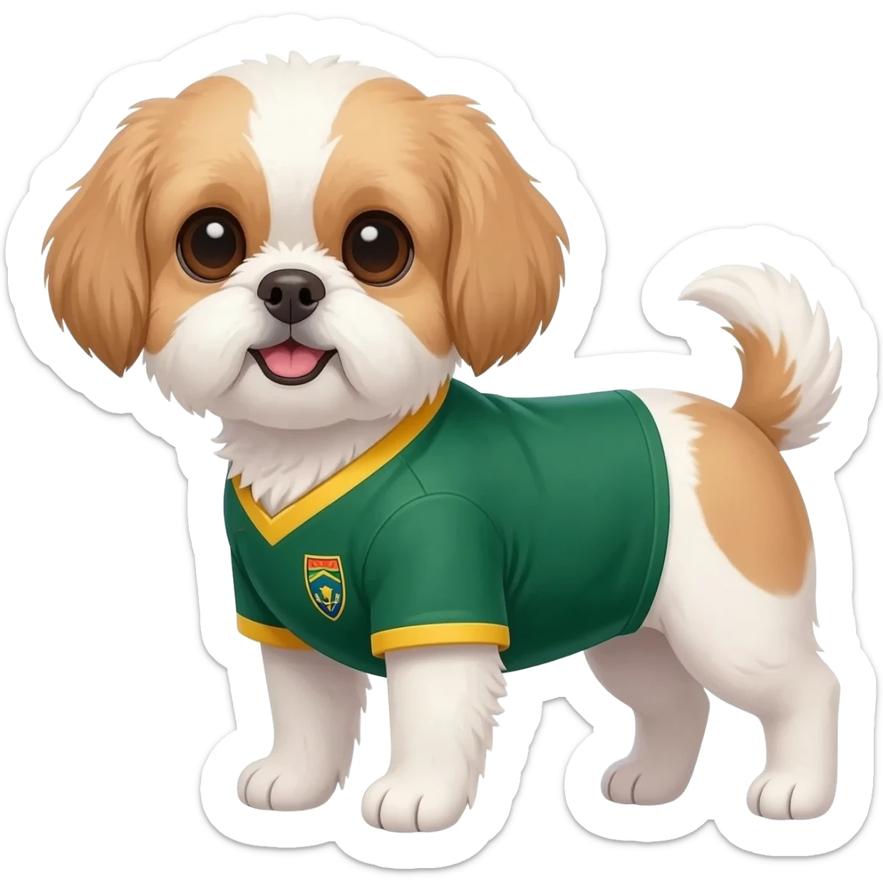 white and light brown shih zhu wearing a South Africa soccer jersey v neck 2026 work cup sticker