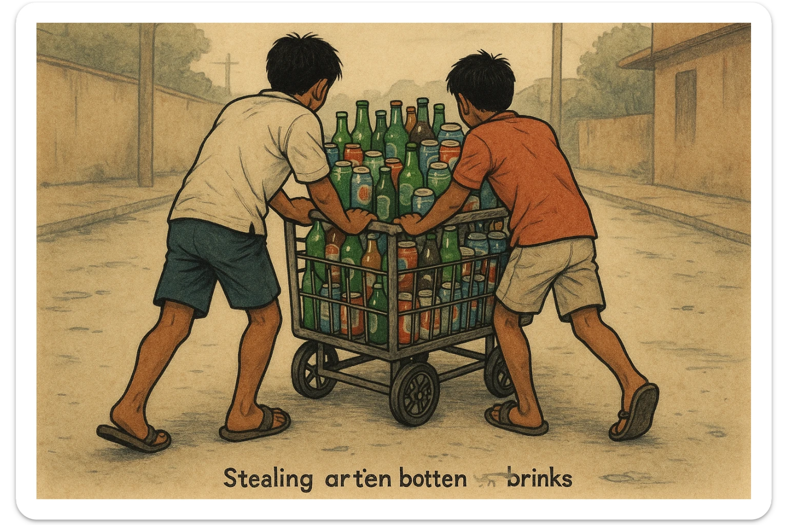 yoshroq aka-uka ichimlik ortilgan aravani olib qochishyapti orqa tarafdan rakurs yuzi ko'rinmasin sticker