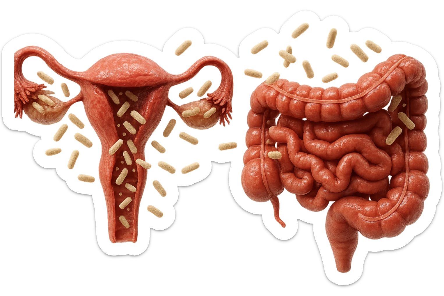 UTERO UMANO E INTESTINO ANATOMICI REALISTICI SONO UNO ACCANTO ALL'ALTRO E SI PASSANO I BATTERI A VICENDA, CON BATTERI CHE ESCONO DALL'INTERNO, IPERREALISTICO 4K, NON DISEGNATO sticker
