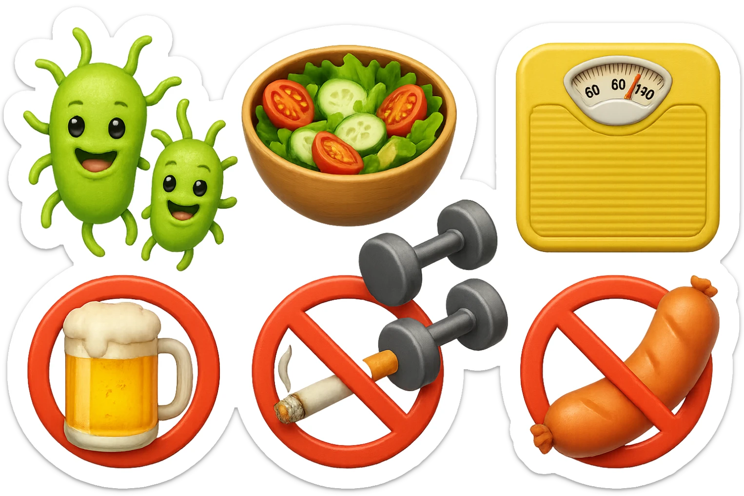 emoji stile iphone di: due batteri intestinali felici, una bowl di insalata, una bilancia pesapersone, manubri da palestra, e un boccale di birra con divieto 3d sopra, una sigaretta con divieto 3d sopra e un wurstel con divieto 3d sopra, fluttuano in aria, iperrealistico 4k sticker