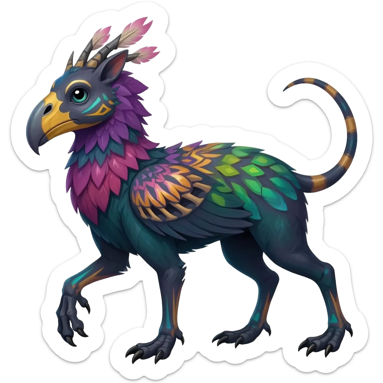 Rare colorful gradients colored realistic dark edgy glossy shiny tropical tribal patterned feathery skeletal badass epic pretty beautiful handsome gorgeous aesthetic colorful vibrant Vernid-Trico-species-Fakemon-creature by LiLaiRa, 4 legs, 1 tail, random markings, (full body) sticker