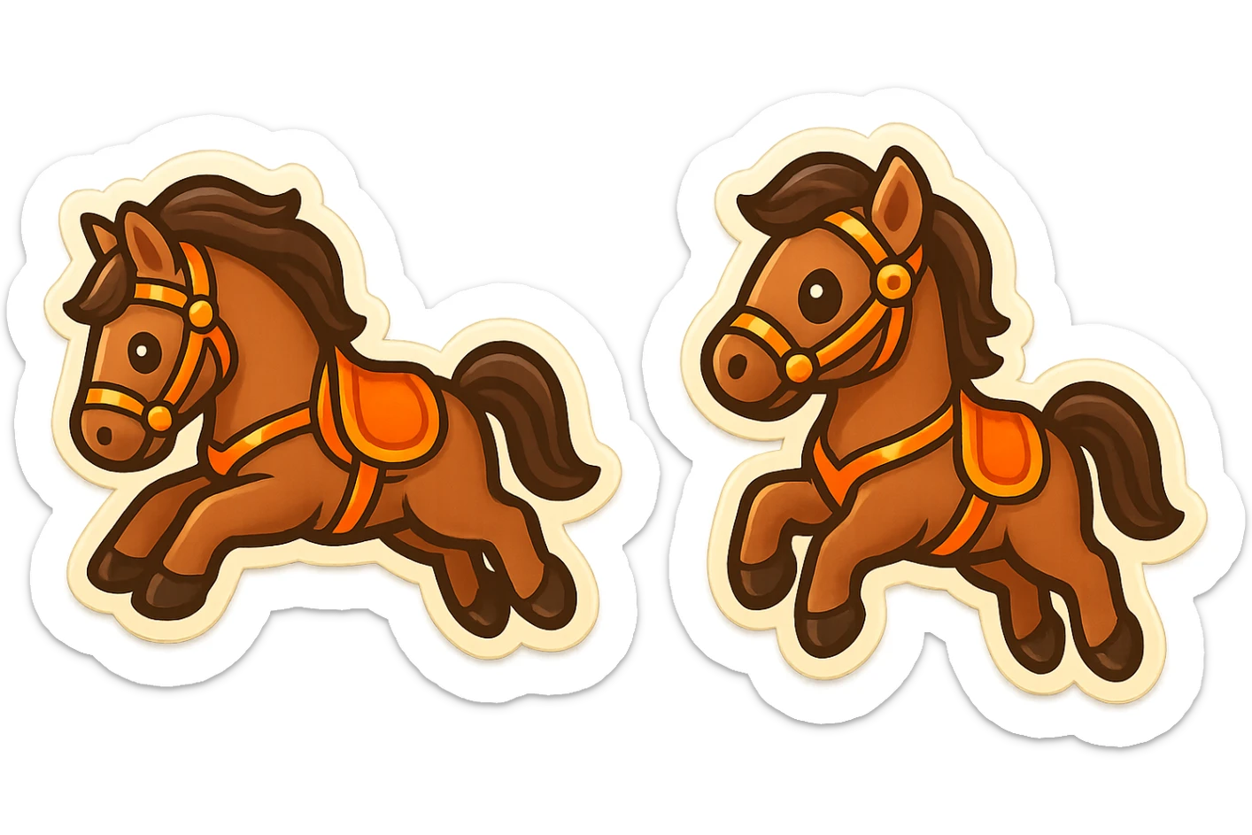 Create a cute emoji style illustration of a Hermès-style horse jumping with an orange and gold harness. The design should be luxurious and include an alternate pose. Use a white or transparent background. sticker