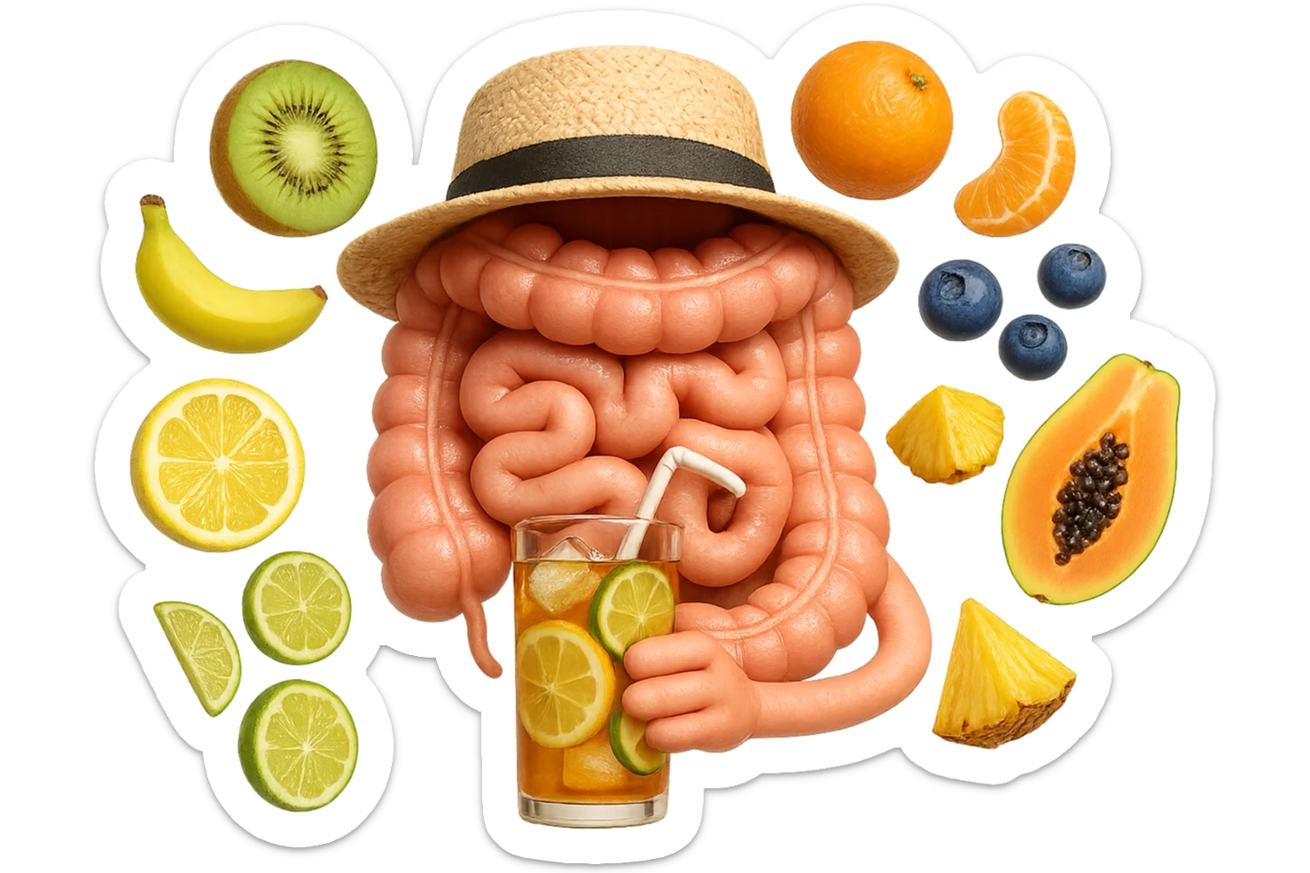 EMOJI STILE IPHONE DI INTESTINO UMANO REALISTICO CON CAPPELLO DI PAGLIA DA SPIAGGIA CHE BEVE UN Tè FREDDO IN BICCHIERE DI VETRO CON DENTRO  fette di cetriolo, limone, lime, DIETRO L'INTESTINO FLUTTUANO PEZZETTI DI Kiwi
Banana acerba
Arance e mandarini
Mirtilli
Ananas
Papaya
IPERREALISTICO 4K sticker