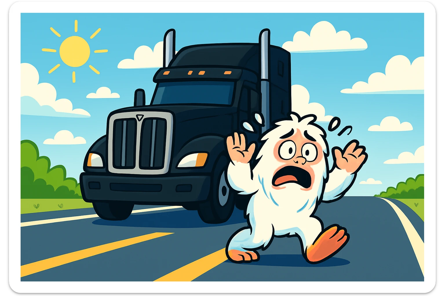 Edit the image to place the abominable snowman directly in front of the black semi truck. Make the snowman much smaller and give it a scared expression. Keep the bright highway and distant view as they are. sticker