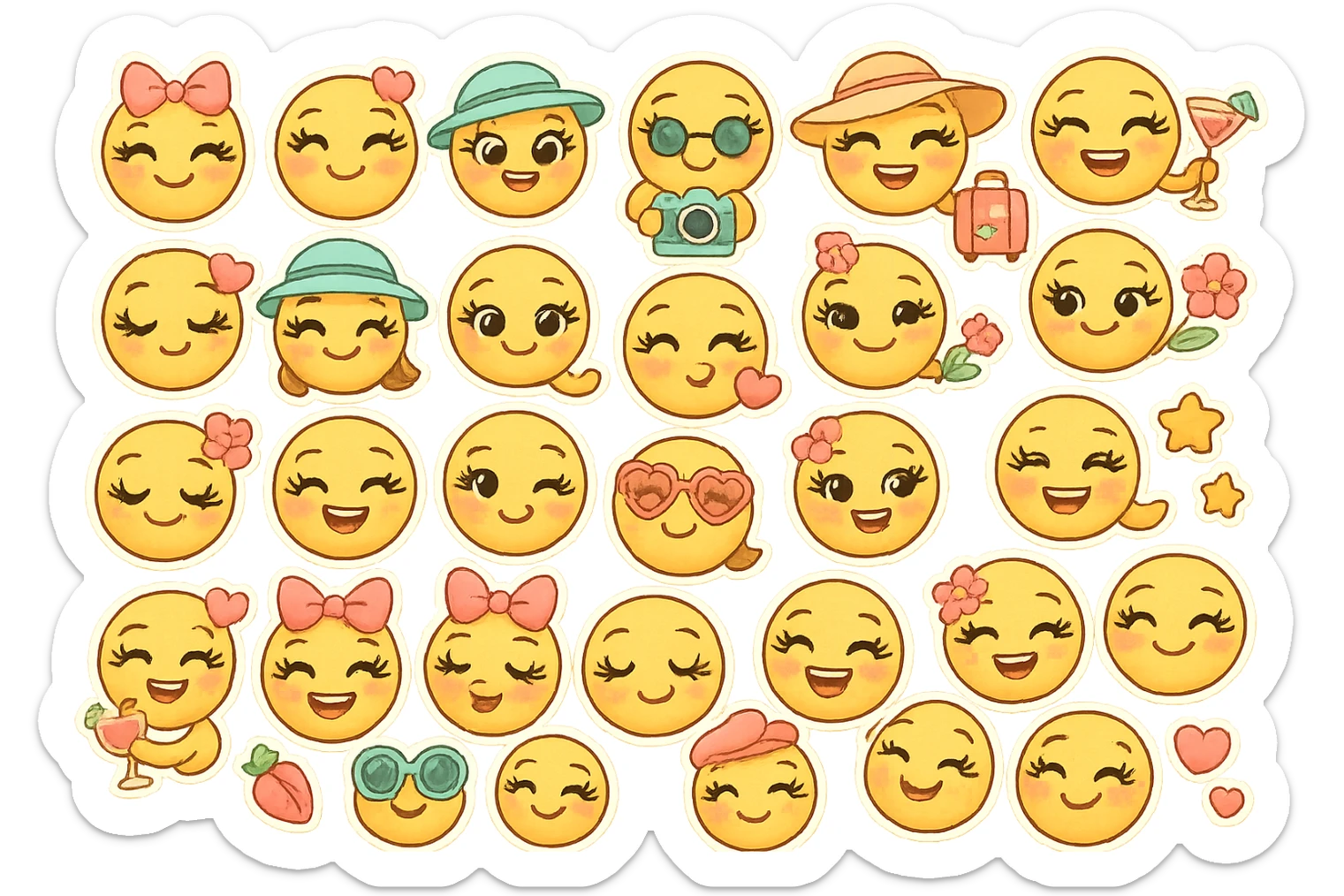Nagy szempillás, mosolygós, csajos emoji különböző arckifejezésekkel és kiegészítőkkel, mint masni, napszemüveg, kalap, koktél, kamera, bőrönd, virág, szív, csillag, vidám, színes, nőies stílusban, 30 különböző változat sticker