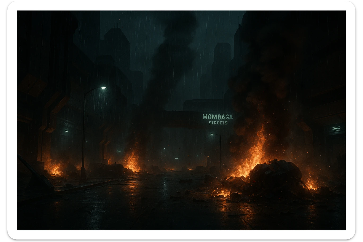 Night time streets of New Mombasa from ODST. "Mombasa Streets"  dying battle flames and smoke rise amongst pouring rain sticker