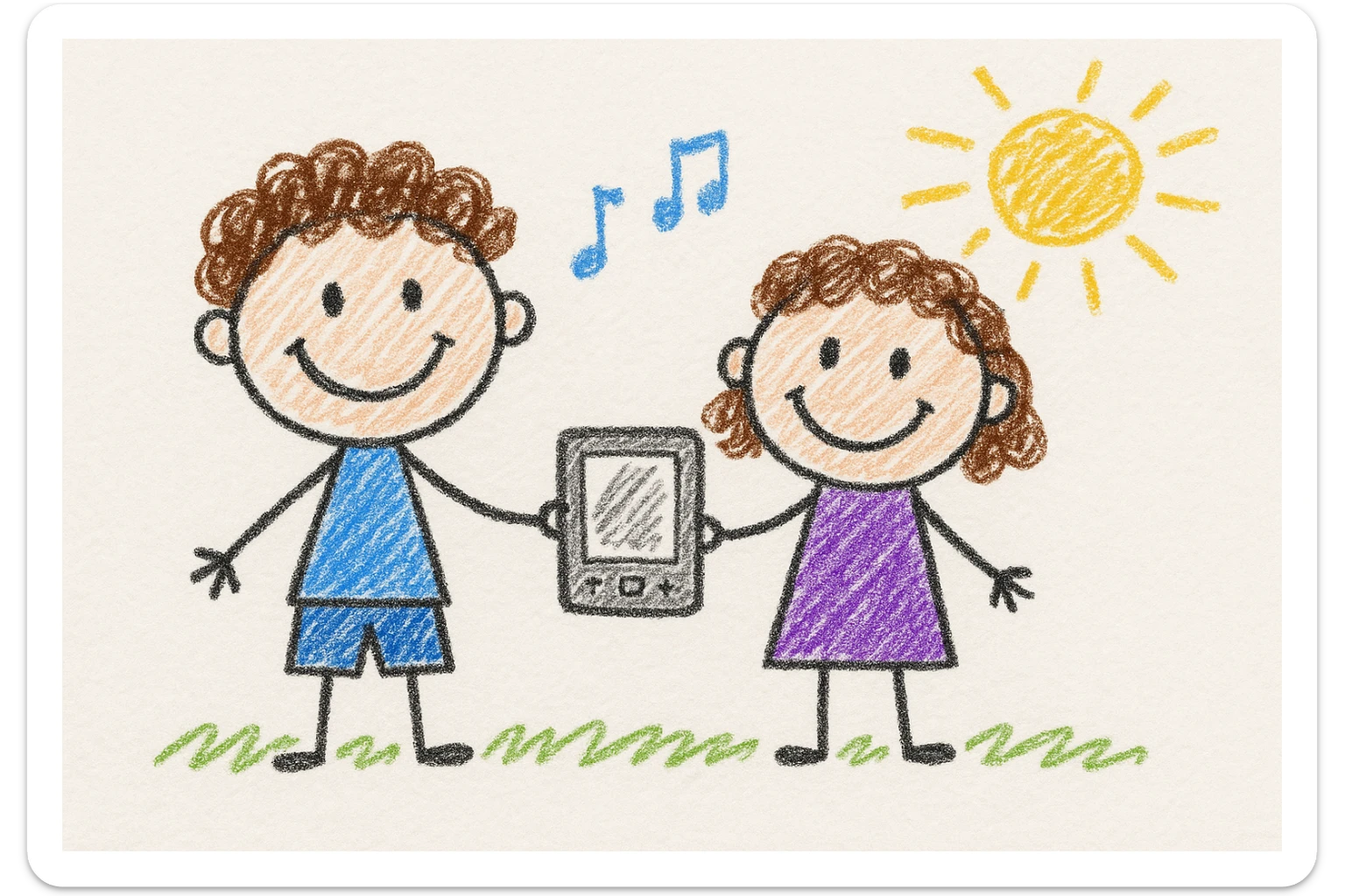 Two children, a boy (6) and a girl (4) with brown curly hair, enjoying music from an iPad, in children's doodle style sticker