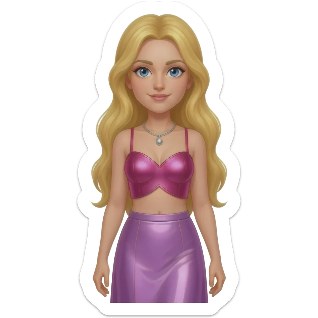 Aphrodite from Greek Mythology with blue eyes, long blonde hair, hot pink metallic sweetheart crop top, lavender pink metallic long skirt, silver necklace sticker
