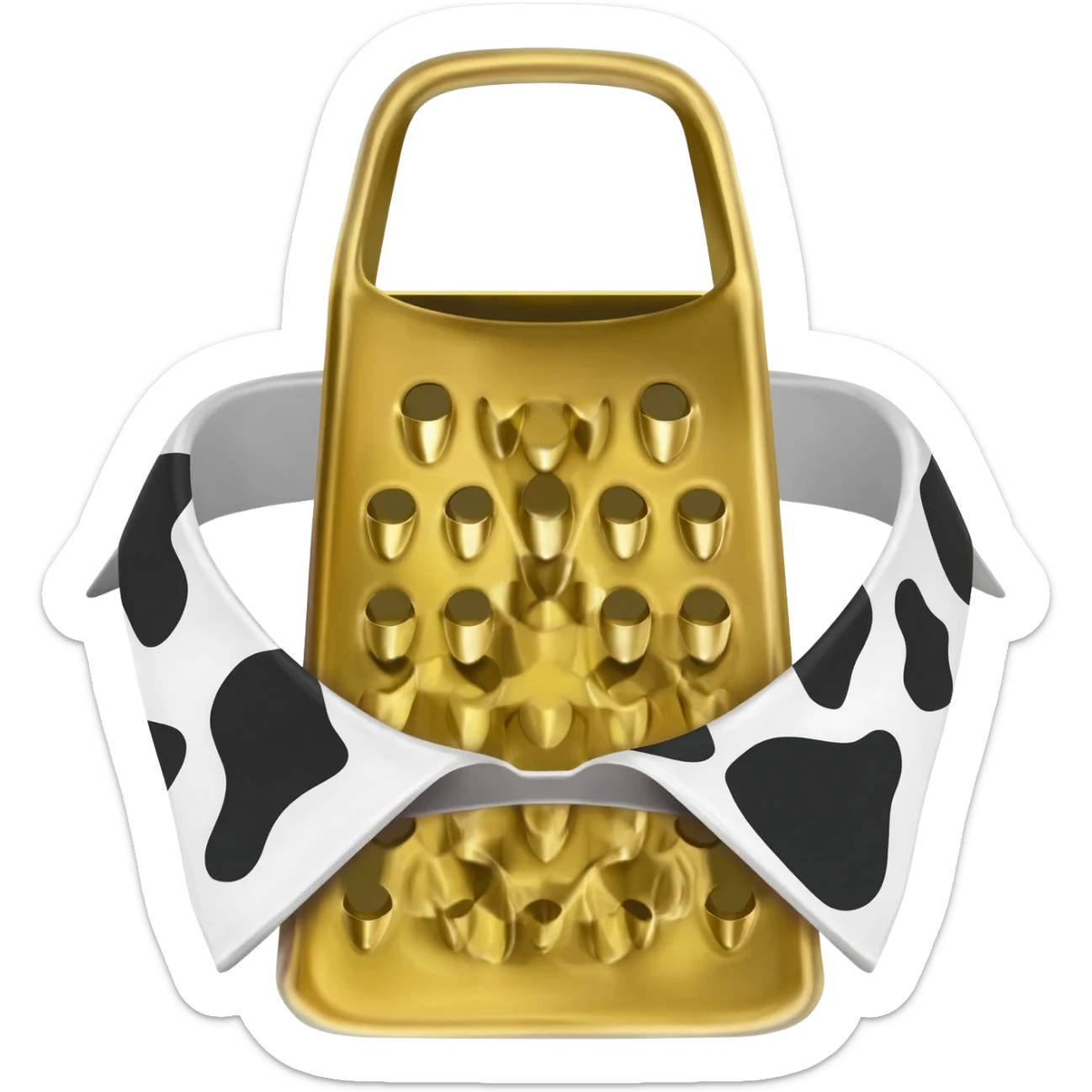 plain gold grater on a collar with black and white cow pattern sticker