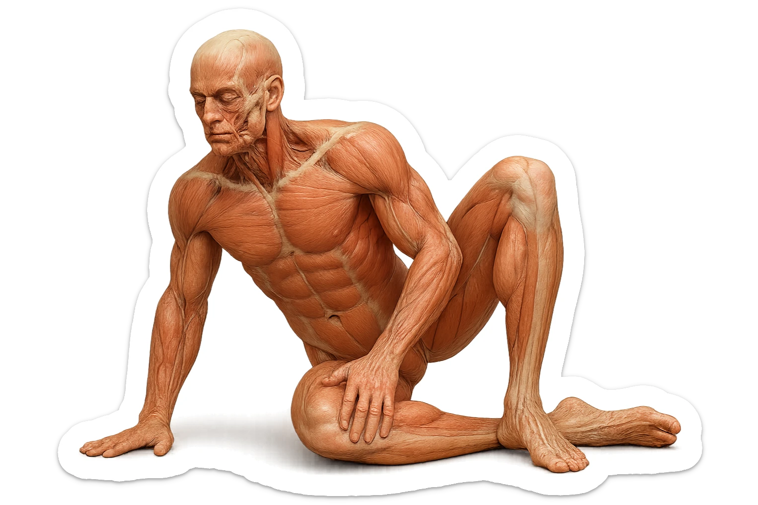 CORPO UMANO ANATOMICO REALISTICO CHE SVOLGE UN ESERCIZIO DI MOBILITà ALLE ANCHE, iperrealistico 4k sticker