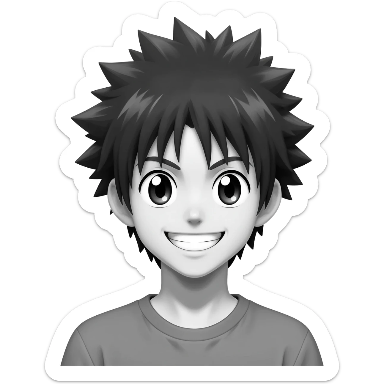 generate a black and white killua happy smail with a transparent background sticker
