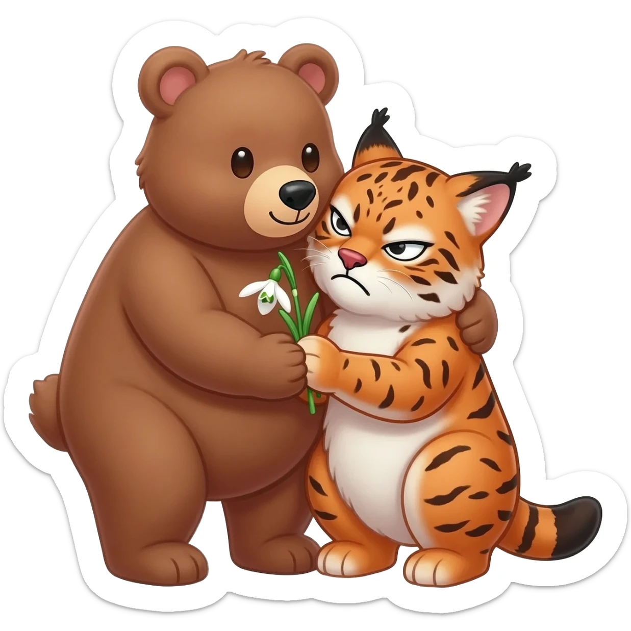 lovely bear hugs angry lynx and gives her a snowdrop flower with love sticker