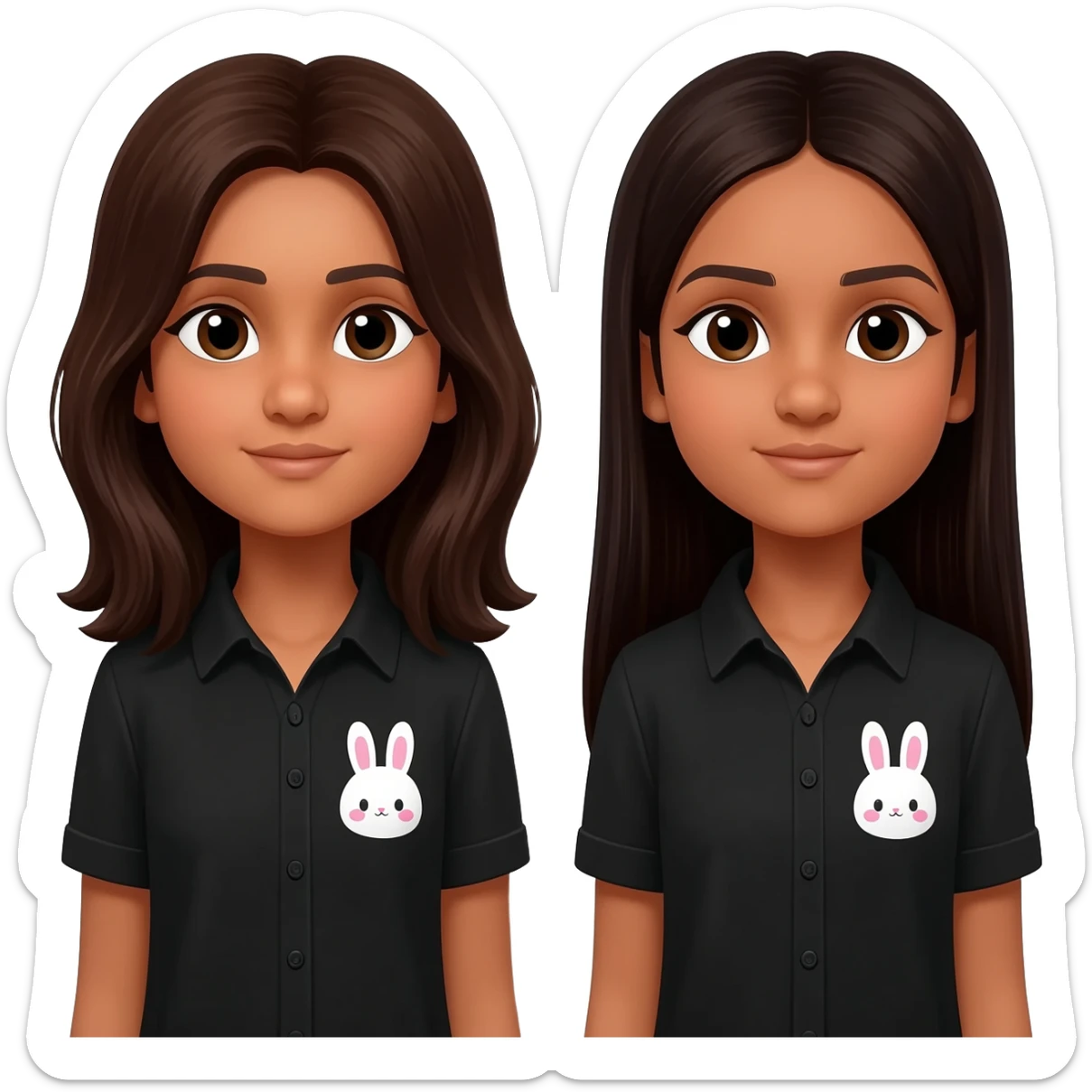two identical friend. both look like 13 year olds. No smile lines, make the bunnies kawaii and the shirt black. Both have matching bunny shirts and have PIN STRAIGHT HAIR One has super long dark brown hair that goes to waist, one has long hair that is also dark brown. They both have Indian skin sticker