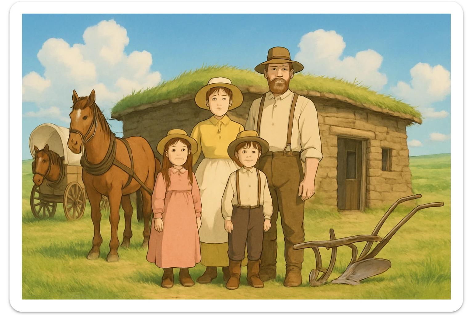 A pioneer family on the great plains from the 1840s standing in front of a sod house with their horse and wagon and a basic plough sticker