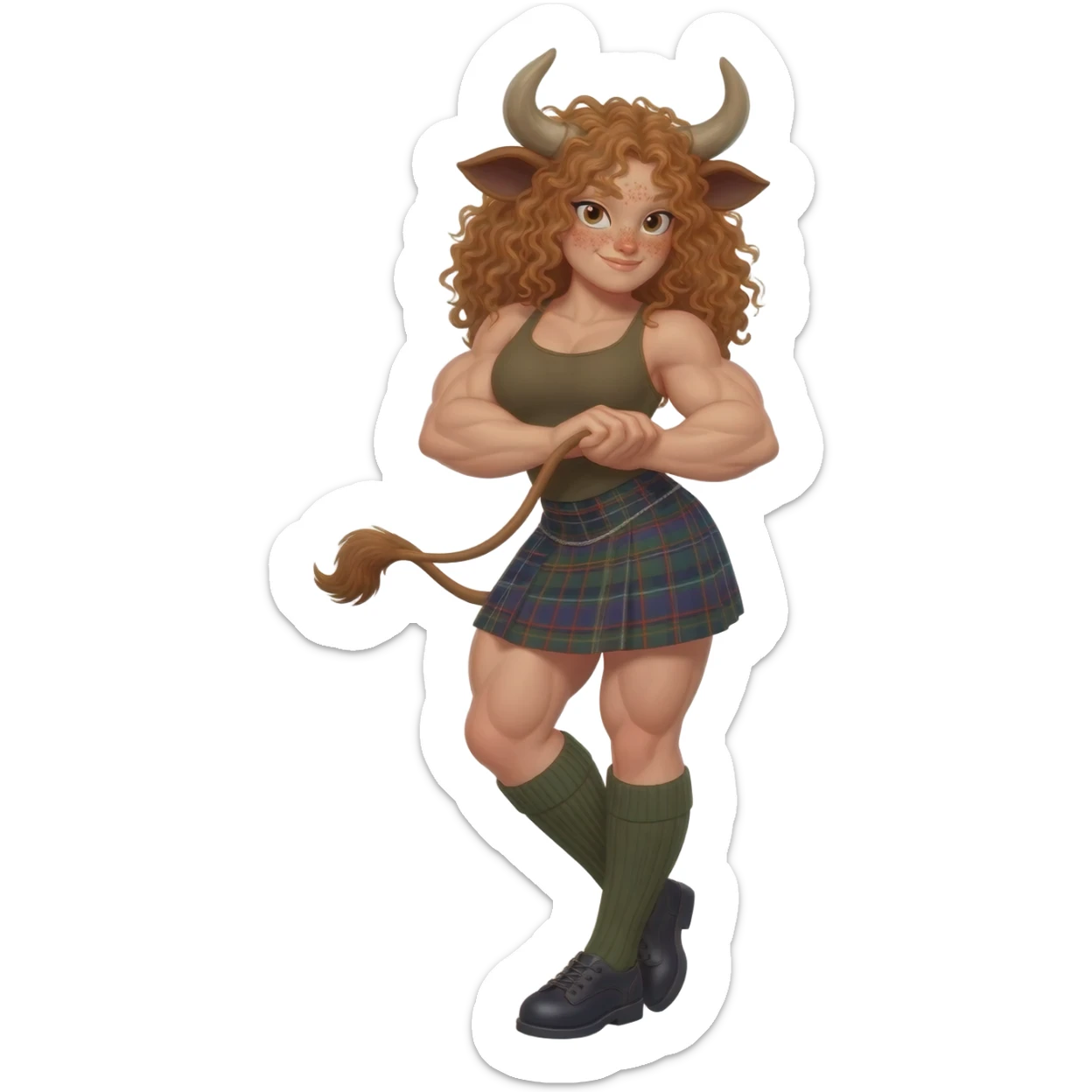 shy buff curly woman with frecles with light brown messy hair touches her long brown cow tail with both hands with strong fat thights with cow horns and cow brown ears with big butt in a short scottish kilt and with knee socks and shoes stands withcrossed legs sticker