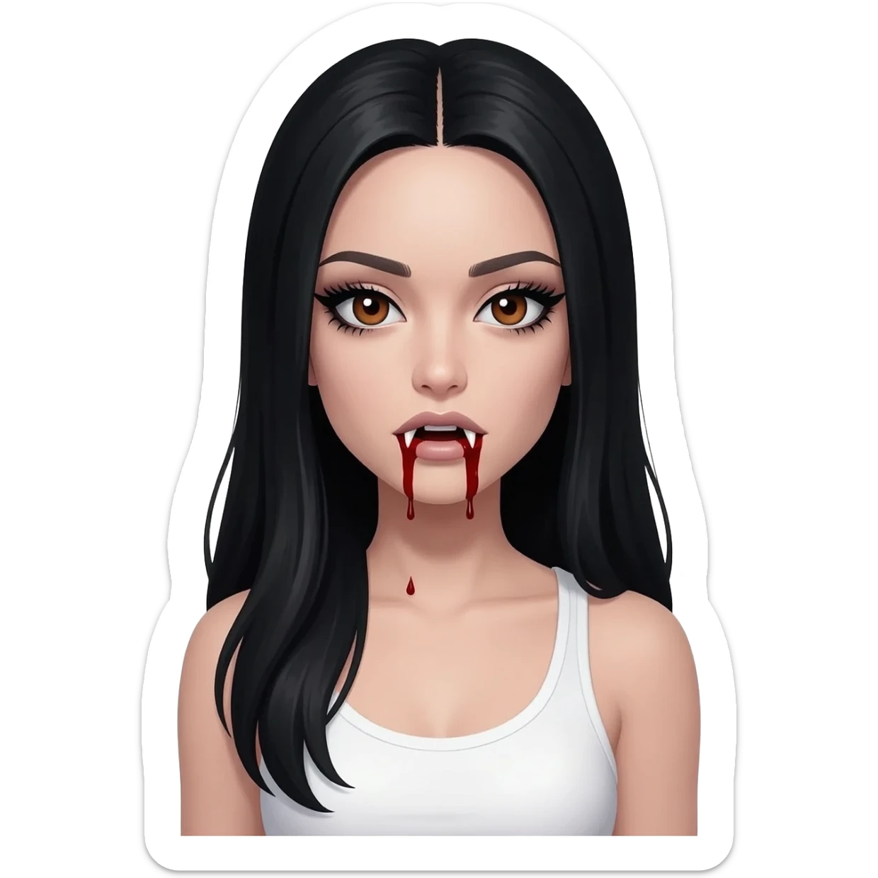 White woman with a white tank top long black hair glossy middle part long hair vamp look with fangs or blood dripping brown eyes eyeliner winged with lashes top and bottom sticker