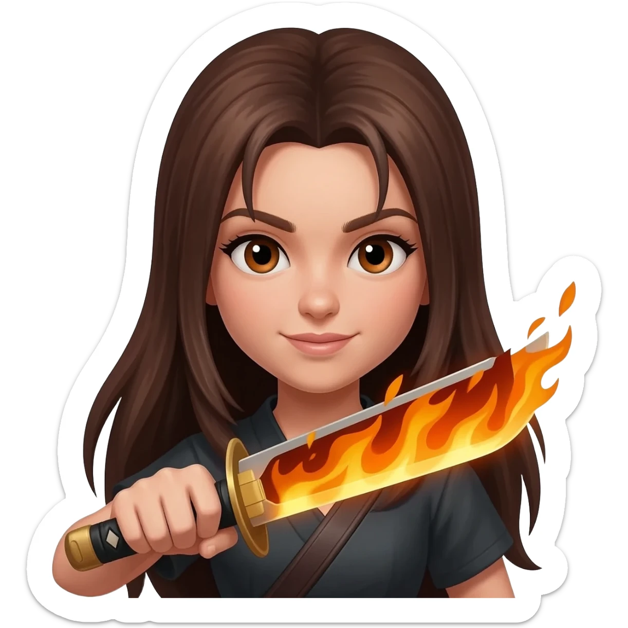 Girl, ninja, katana,fire, brown eyes, long hair, sticker