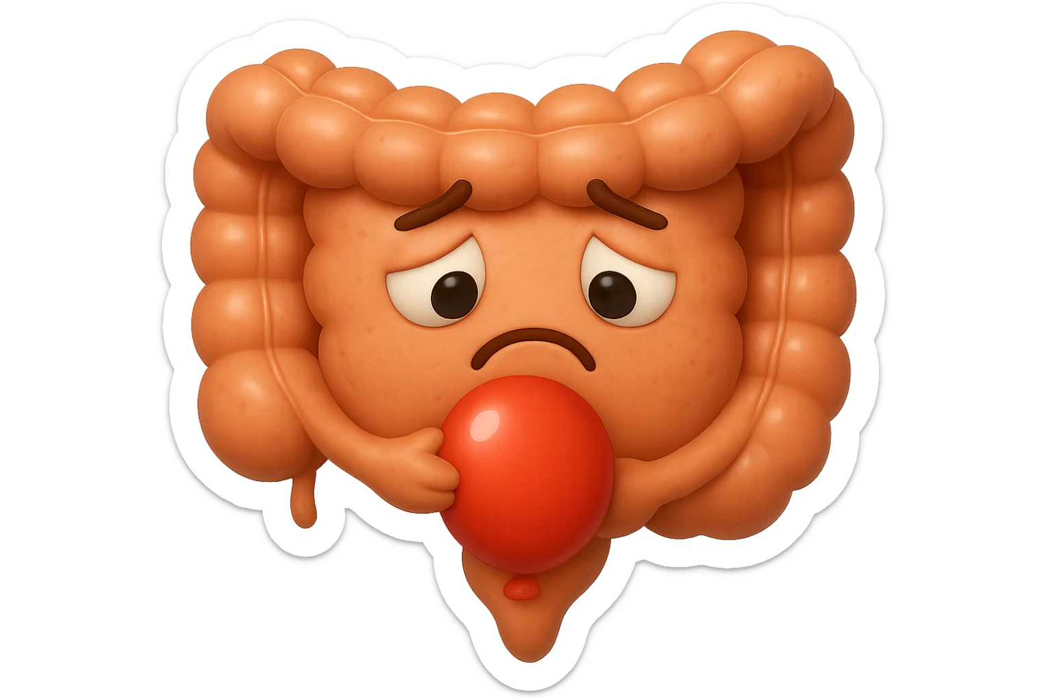 EMOJI STILE IPHONE DI un intestino triste con palloncino rosso sulla pancia, IPERREALISTICO 4K sticker