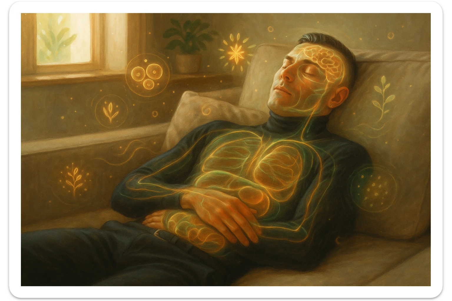 Uomo sdraiato su un divano nel primo pomeriggio, mentre fa un breve riposino. Il suo corpo appare parzialmente trasparente o stilizzato, con luce calda e flussi energetici dorati e verdi che scorrono attraverso muscoli, cervello, e organi. Intorno a lui si vedono piccoli simboli di rigenerazione: cellule che si rinnovano, tessuti che si illuminano, aura rilassata. L'ambiente è calmo e ordinato, luce naturale che entra da una finestra, atmosfera rigenerante, stile realistico con accenti metaforici. sticker
