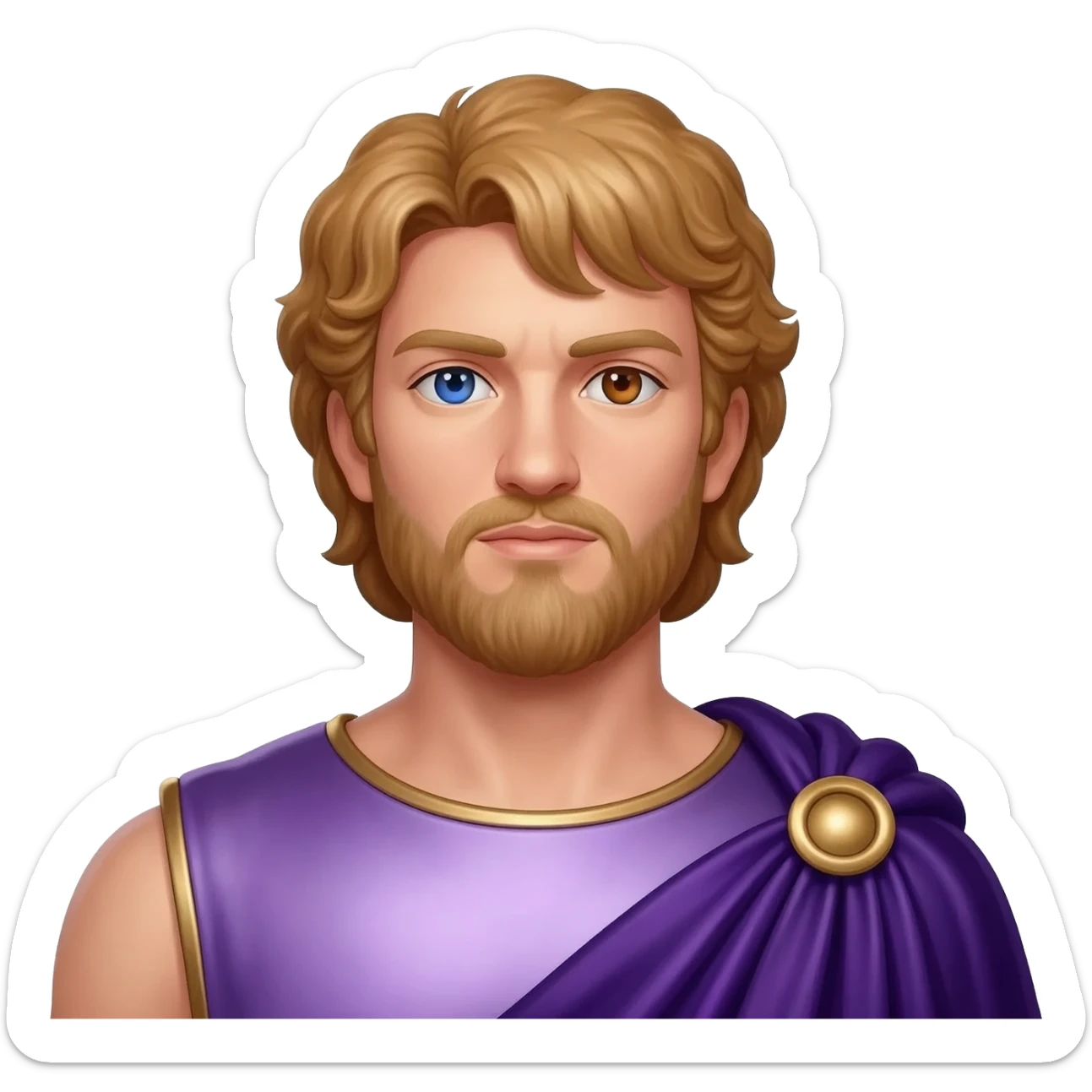 Alexander the Great from Rome Mythology with one blue and one brown eye, long reddish blonde hair, pale purple metallic tunic, dark purple metallic cloak sticker
