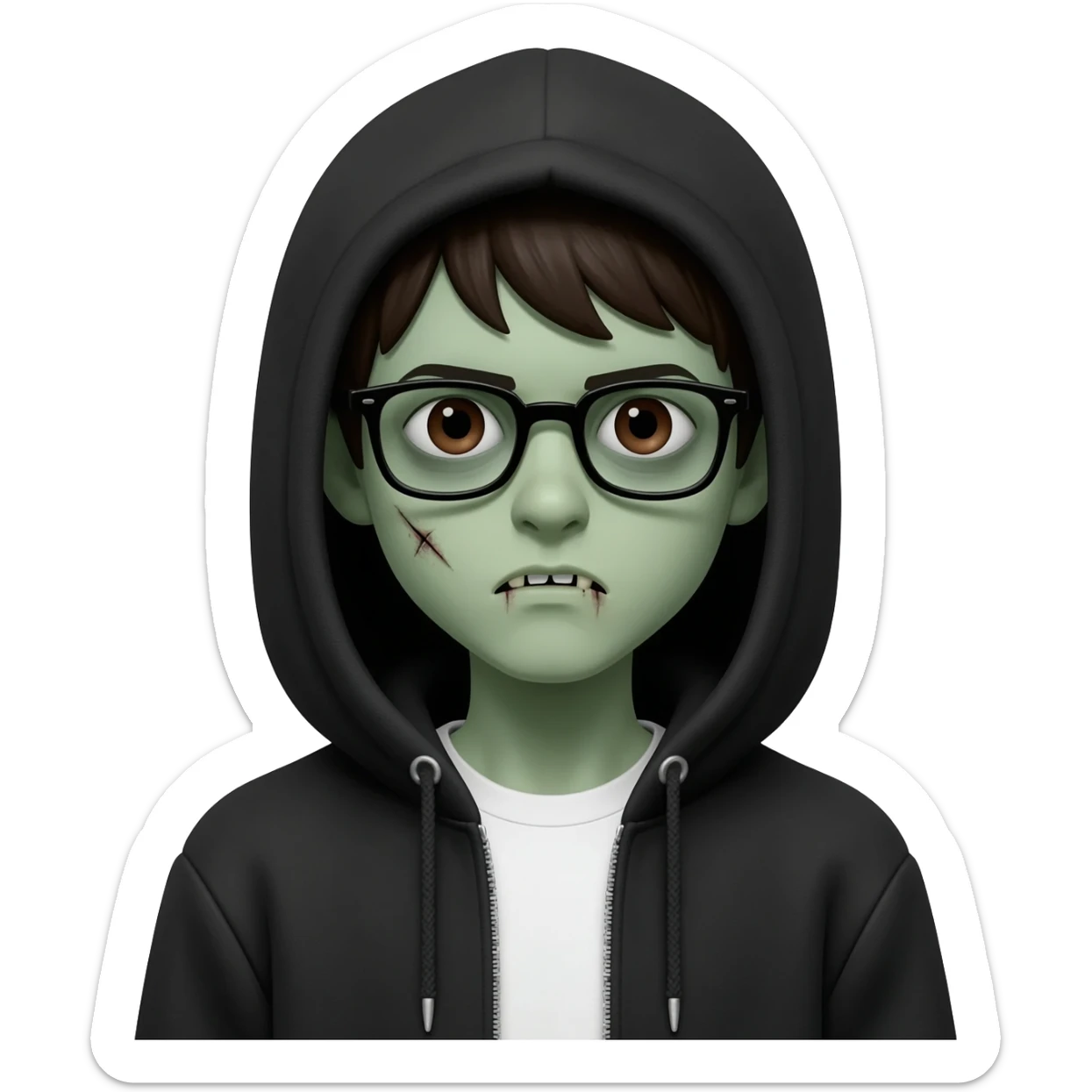 zombie boy with white tshirt and black brownish hair and with black glasses frames on hair is texturized young boy and round face more green face and dark brown eyes black thick cotton y2k hoodie with the white t-shirt under it hood of hoodie is standing up a slight bit and no ties on hoodie sticker