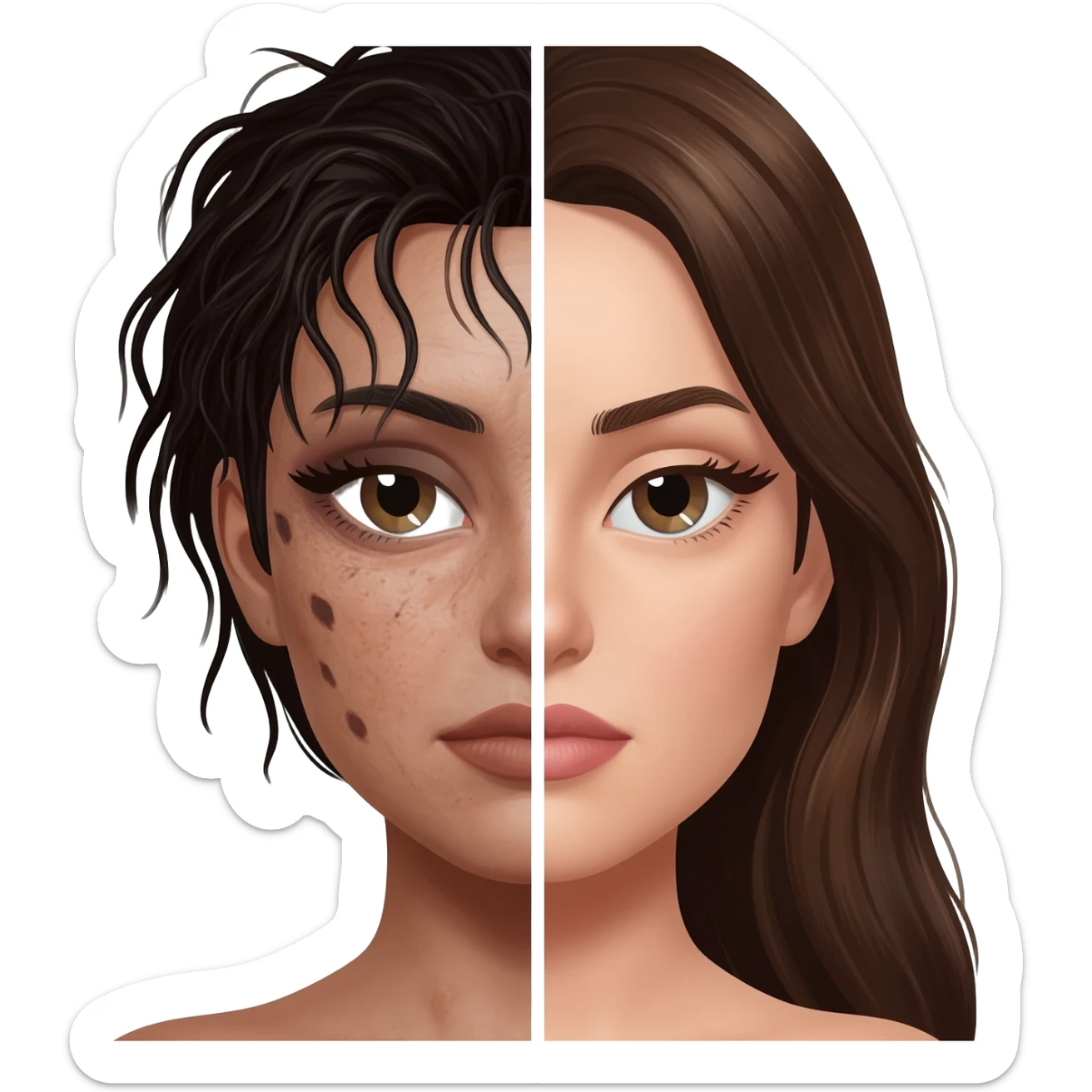 Split face woman: left side tired and messy with acne, dark circles and unkempt hair, right side beautiful with smooth skin, styled hair and makeup, glow up transformation, realistic portrait. sticker