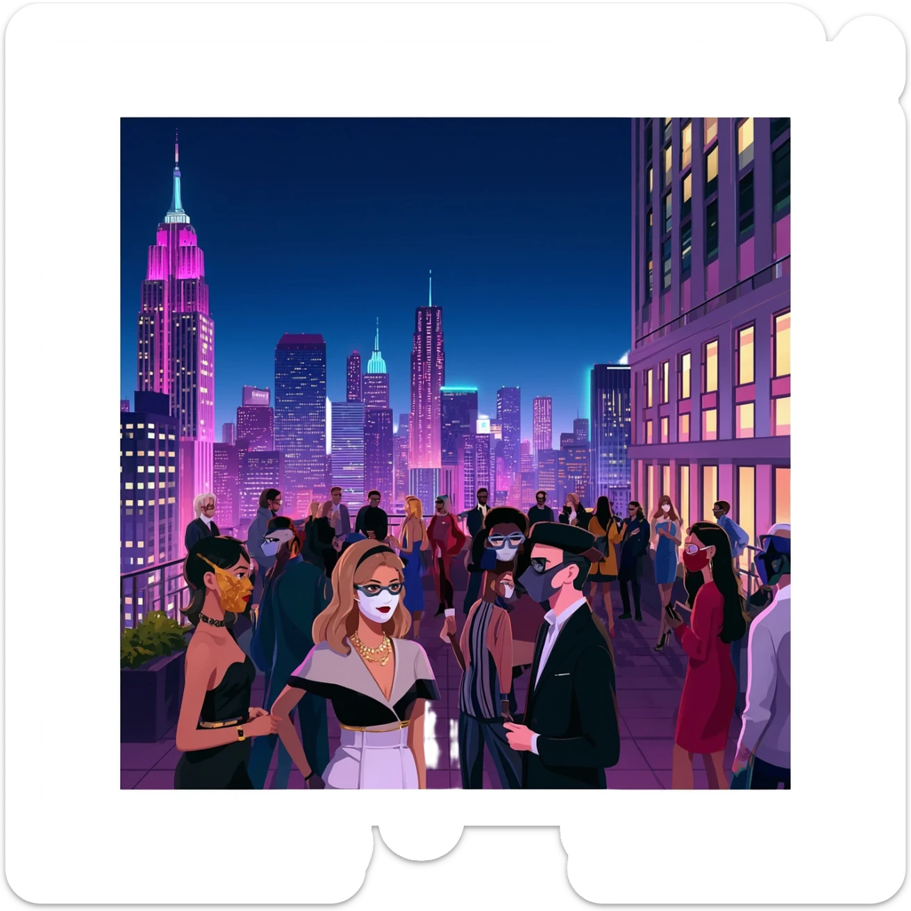 a huge party on the rooftop terrace of an upscale downtown hotel. The party was masquerade-themed, and the client would pay models to attend and mingle among the crowd. sticker