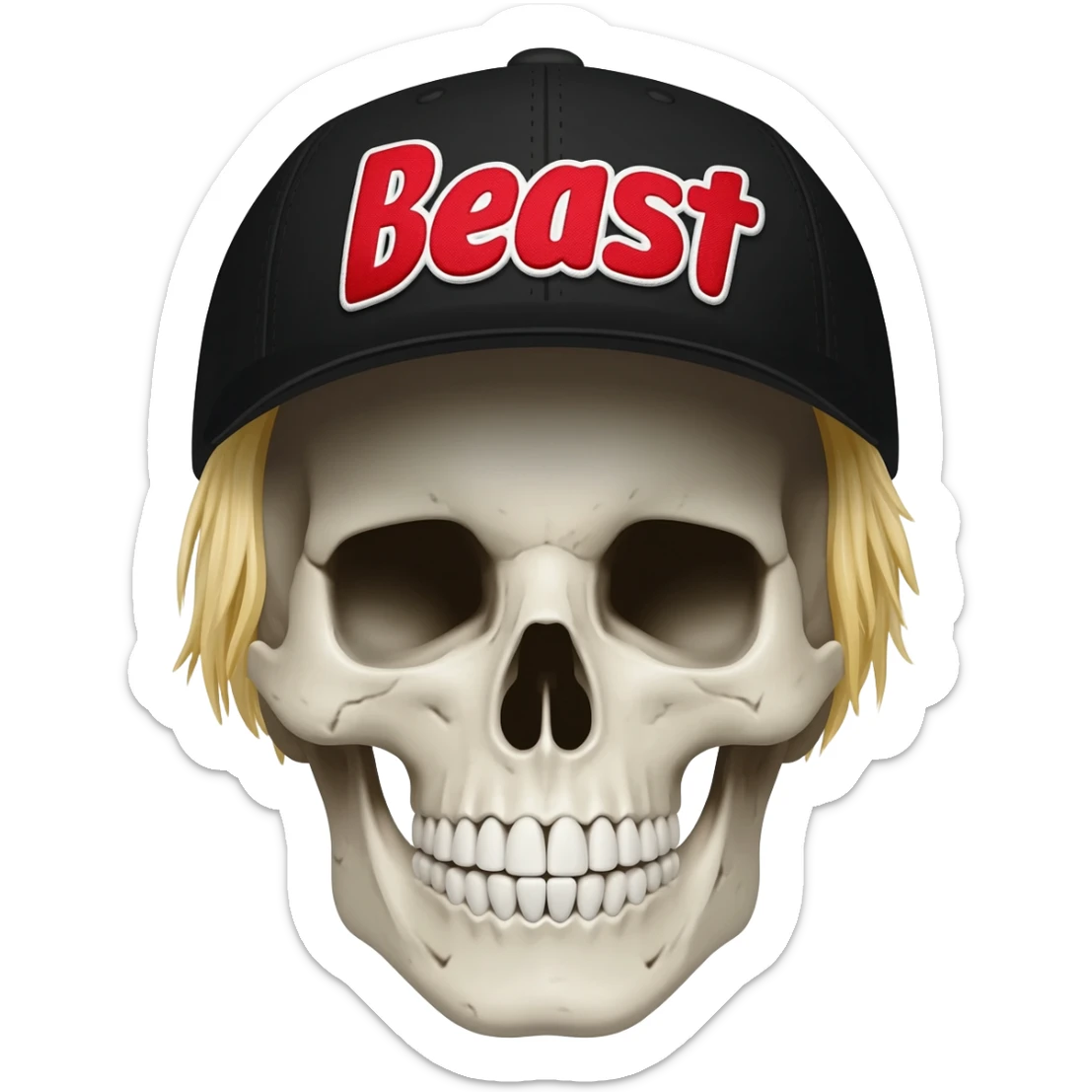 A skullhead thats wearing a black baseball cap with the words "Beast" in red and white with blonde hair sticker