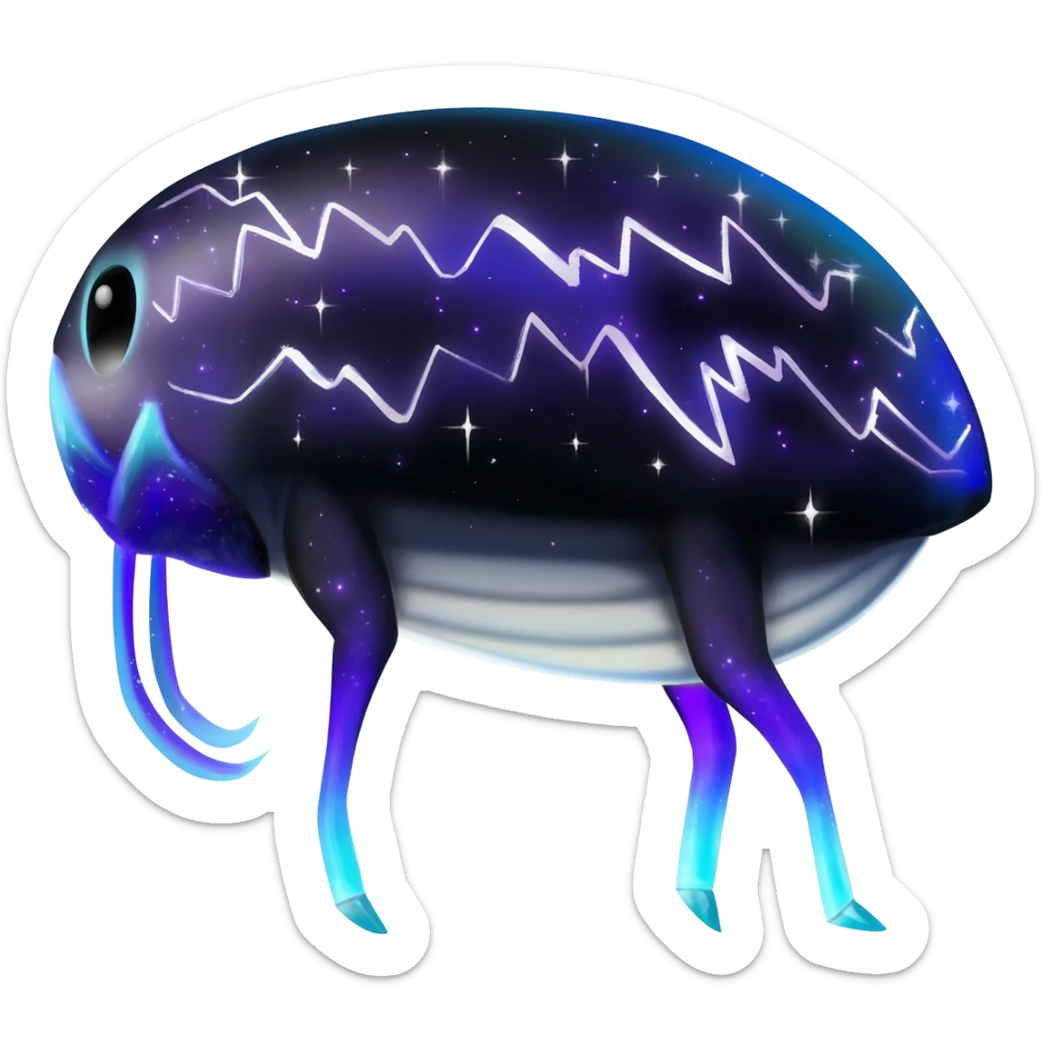 starry sparky fizzy Black-Dark-Vortexed Lightning-strike-zig-zag-patterned striking indigo-violet-blue-cyan-gradiented with dark undertones, white underside, thunderous stormy edgy badass realistic Vernid-Sergal-Genet-Trico-species by LiLaiRa, full body sticker