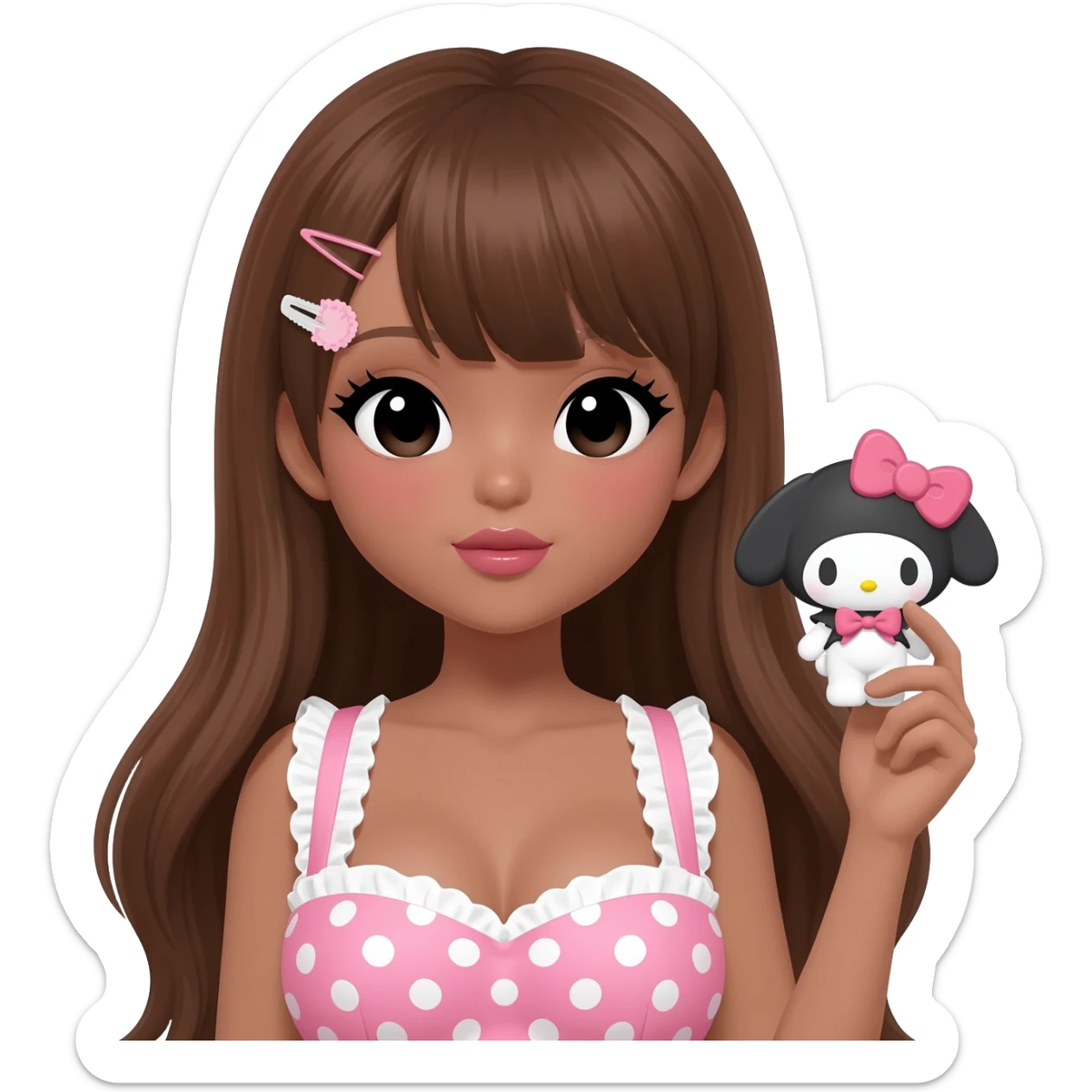 Gyaru makeup, my melody hairclip, cutecore, doll eyes, Doll, big chest, dark brown skin, with long brown hair , black cute eyes, cute lips with Gyaru outfit ( pink and white polkadots) sticker
