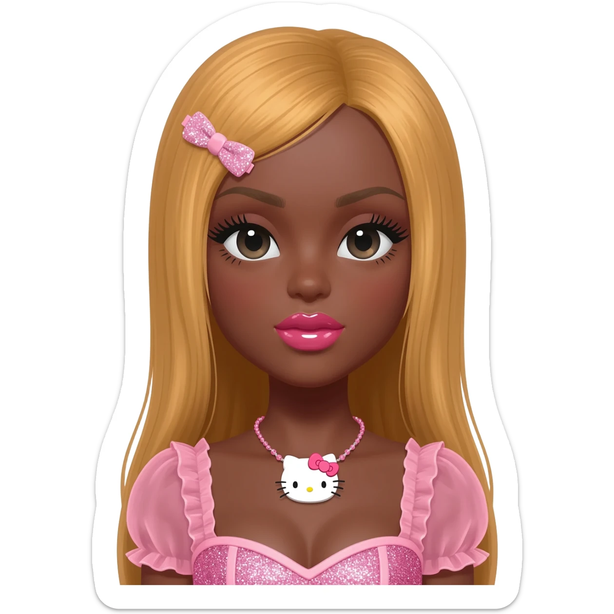 heart shaped lips, cute glossy lips, doll eyes with long lashes, dark brown skin, honey blonde hair, big chest, hello kitty necklace, one bow clip, bimbocore outfit sticker