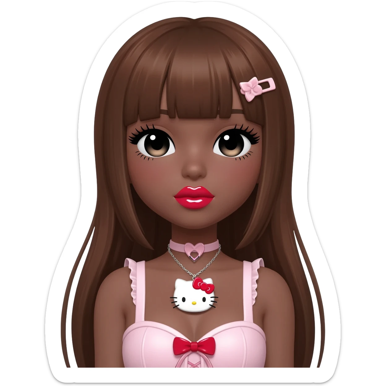 heart shaped lips, cute glossy lips, doll eyes with long lashes, dark brown skin, brown hair, big chest, hello kitty necklace, one bow clip, bimbocore outfit sticker