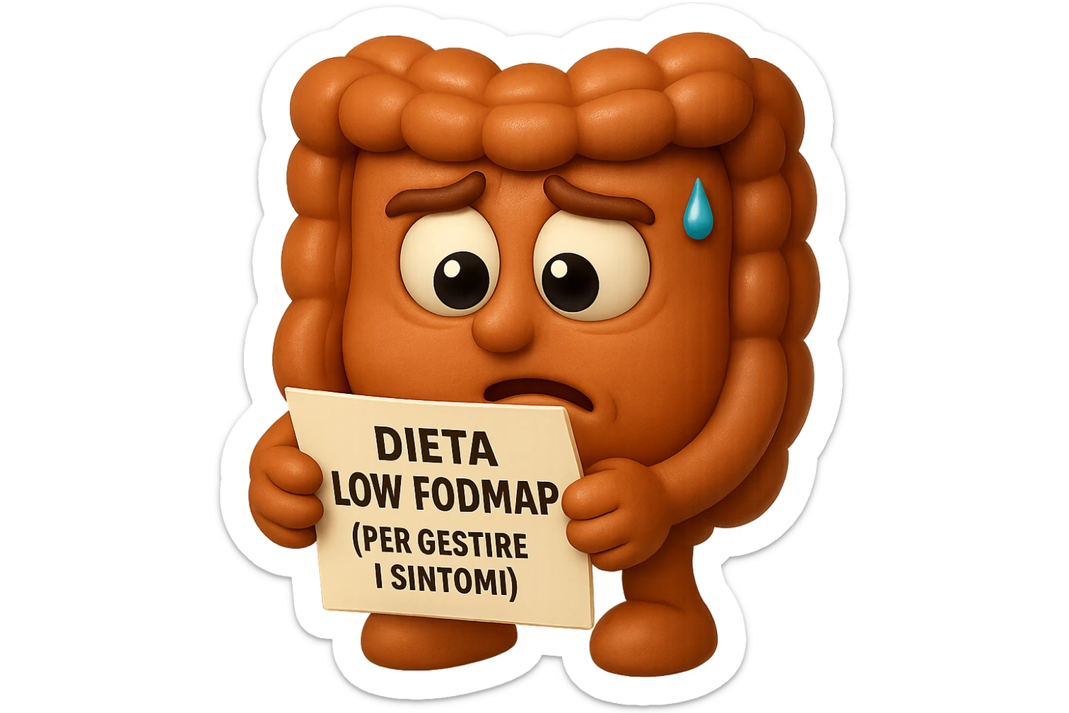 EMOJI STILE IPHONE DI UN INTESTINO UMANO ANATOMICO CHE GUARDA UN FOGLIO CON LA SCRITTA "DIETA LOW FODMAP (PER GESTIRE I SINTOMI)", FAGLI ANCHE LA PARTE BIANCA DEGLI OCCHI, NON SOLO LE PUPILLE, IPERREALISTICO 4K sticker